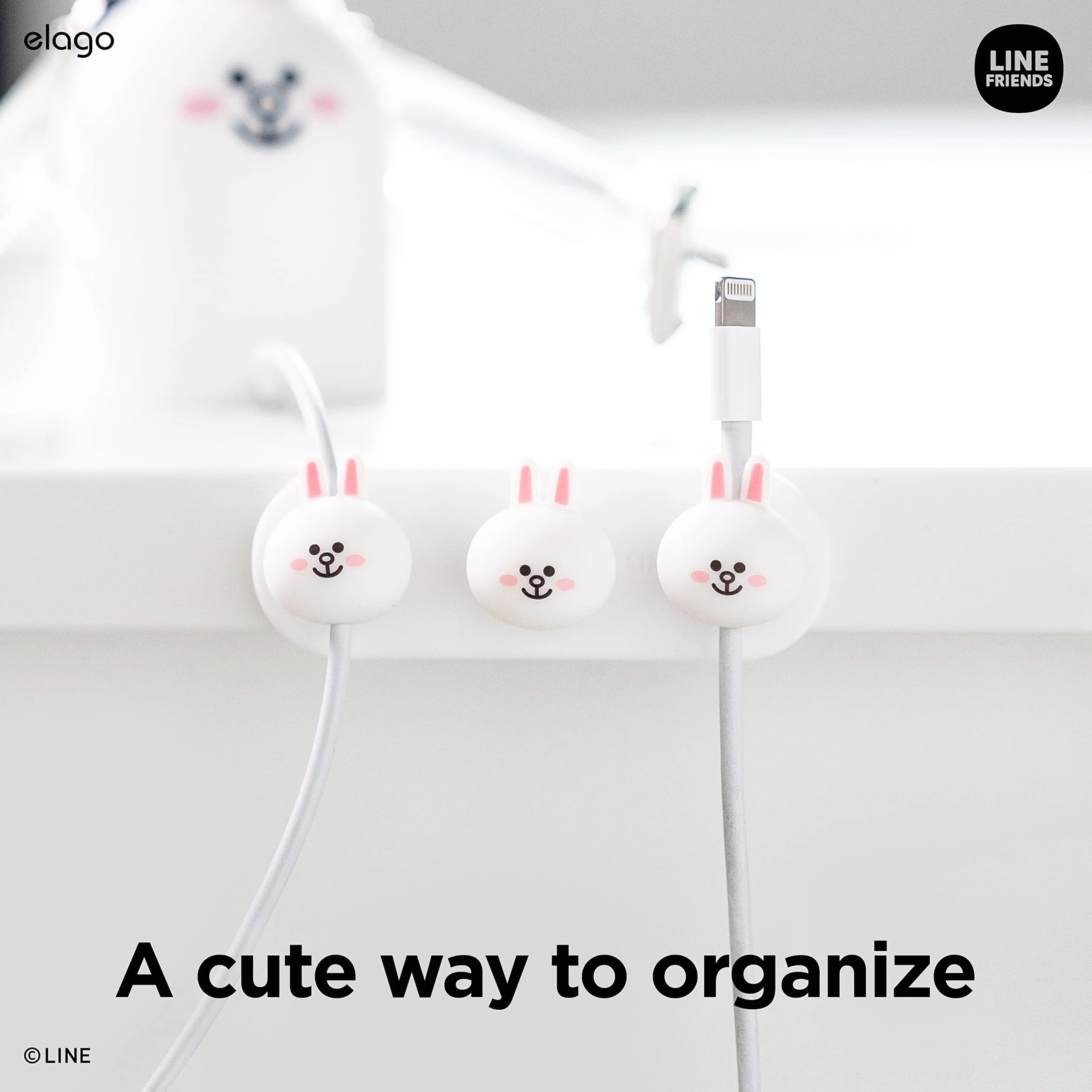 elago LINE Friends magnetyczne przypinki do porządkowania kabli, z miejscem na 3 kable, mocne magnesy, przylepne, wielokrotnego użytku, na biurko, Cony