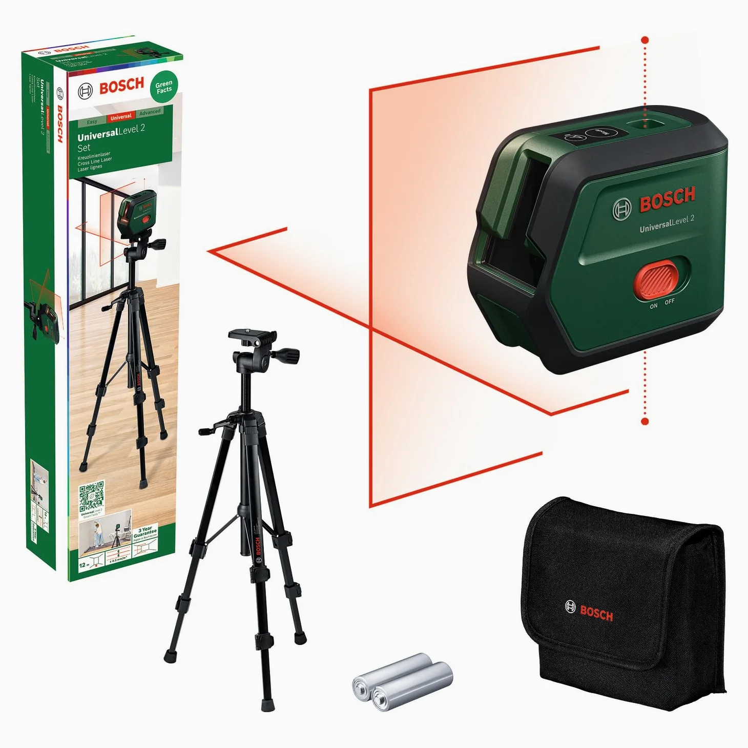 Laser krzyżowy Bosch UniversalLevel 2 ze statywem (linia laserowa skrzyżowana wraz z dodatkowymi punktami w pionie do precyzyjnego wyrównywania elementów i łatwego przenoszenia punktów)