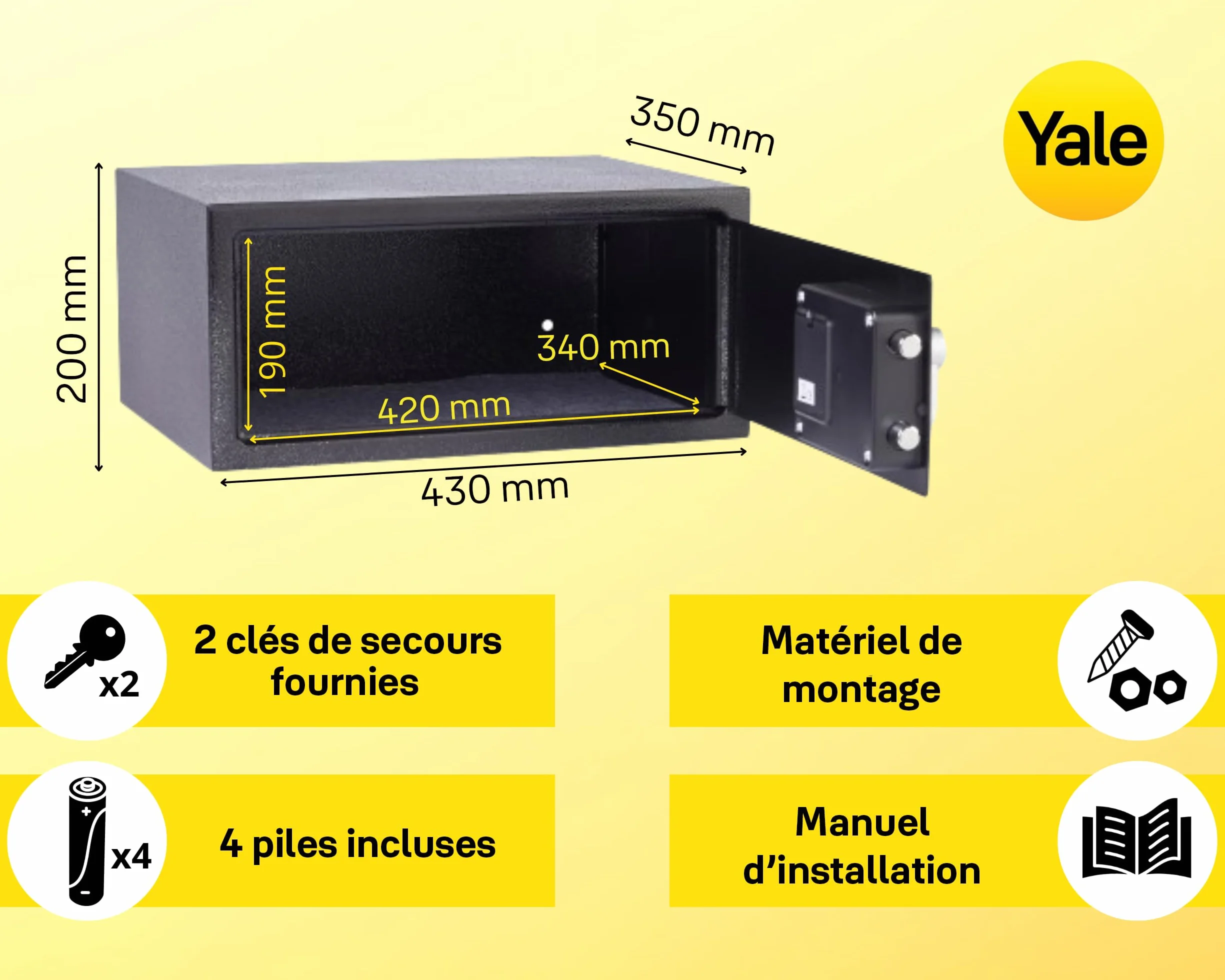 Yale YLV/200/DB2 Sejf Podstawowy Meblowy na Laptopa, Sejf Domowy, Elektroniczna Klawiatura, 15mm Stalowe Rygle, 43x35x20 cm (dł. x szer. x wys.), Czarny