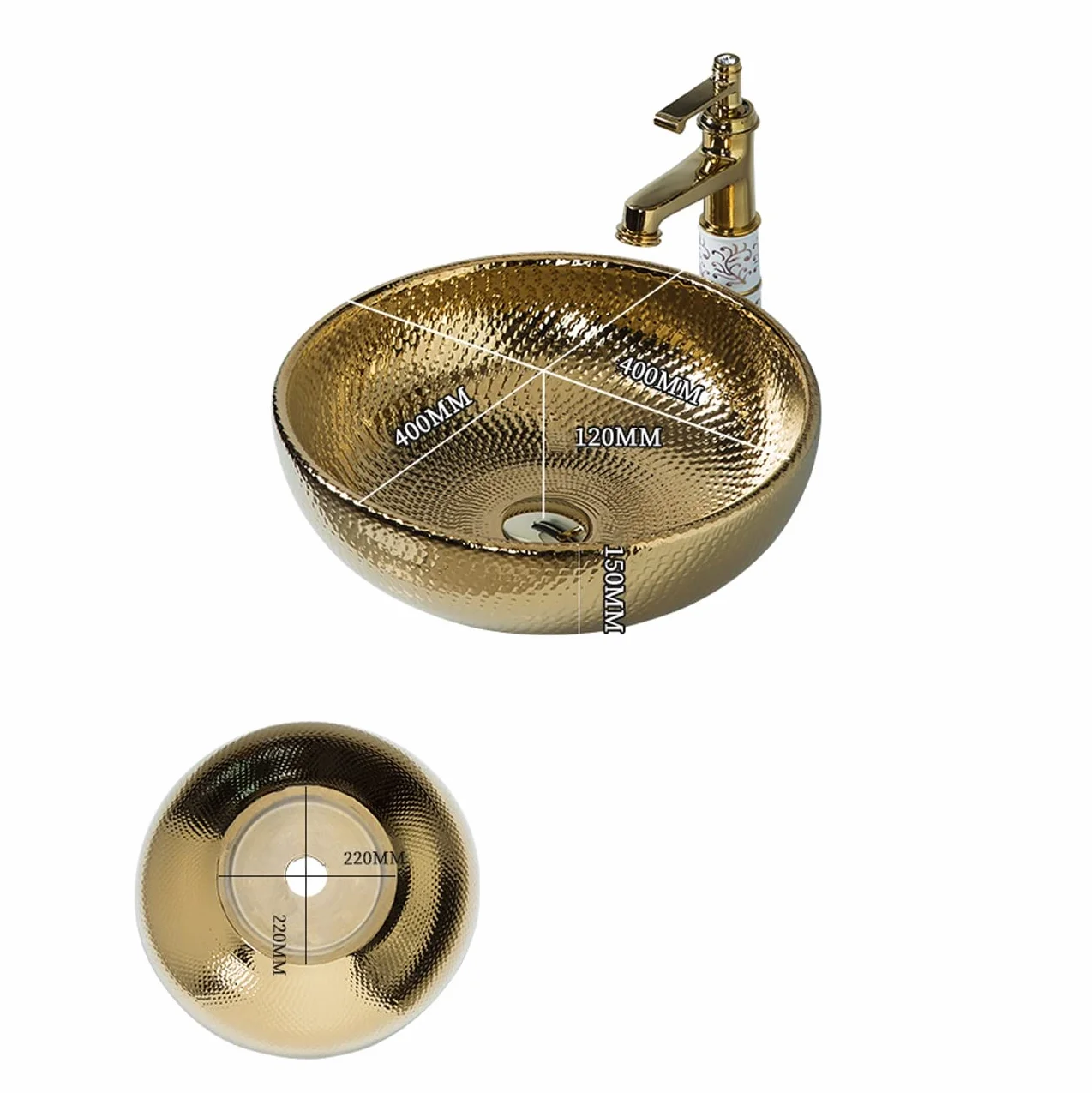 Złota Umywalka Nablatowa, Okrągła Porcelanowa Umywalka Artystyczna, Umywalka Artystyczna Z Kranem I Odpływem, Ceramiczna Umywalka Nablatowa