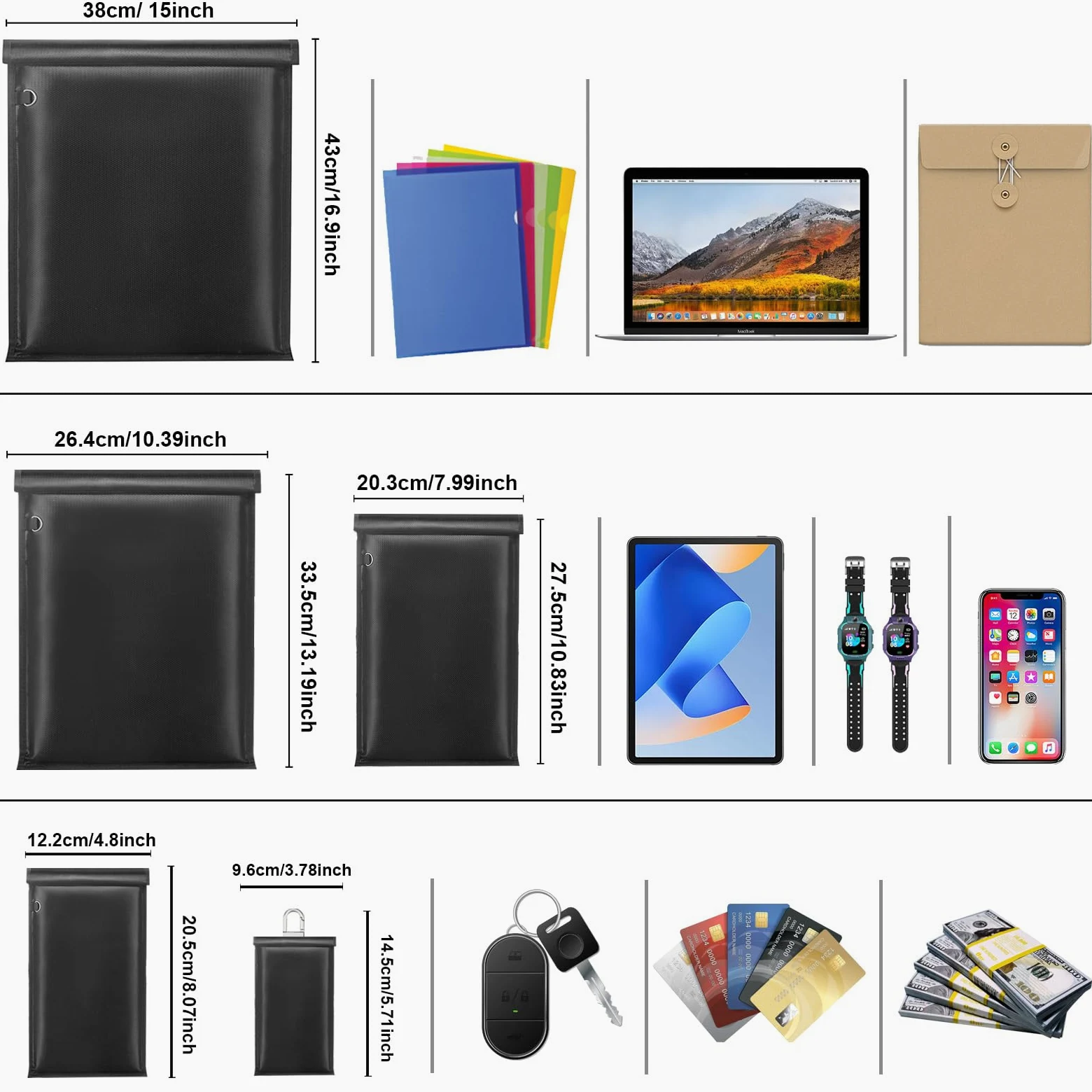 Duże torby Faraday – 5 sztuk klatek Faraday na laptopy, tablety, telefony i kluczyki samochodowe, ochrona kluczyka Faraday, ognioodporne i wodoodporne etui RFID Faraday, blokada sygnału, ochrona przed