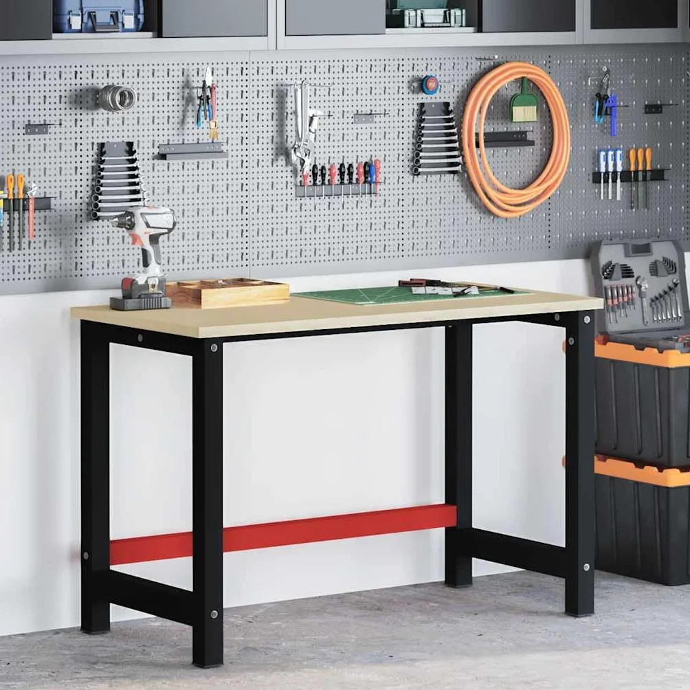 Stelaż stołu warsztatowego, metalowy, czarno-czerwony, 120 x 57 x 79 cm, stalowy stelaż z nawierconymi otworami, zestaw montażowy do stołu warsztatowego, biurka, akcesoria DIY, stabilny do