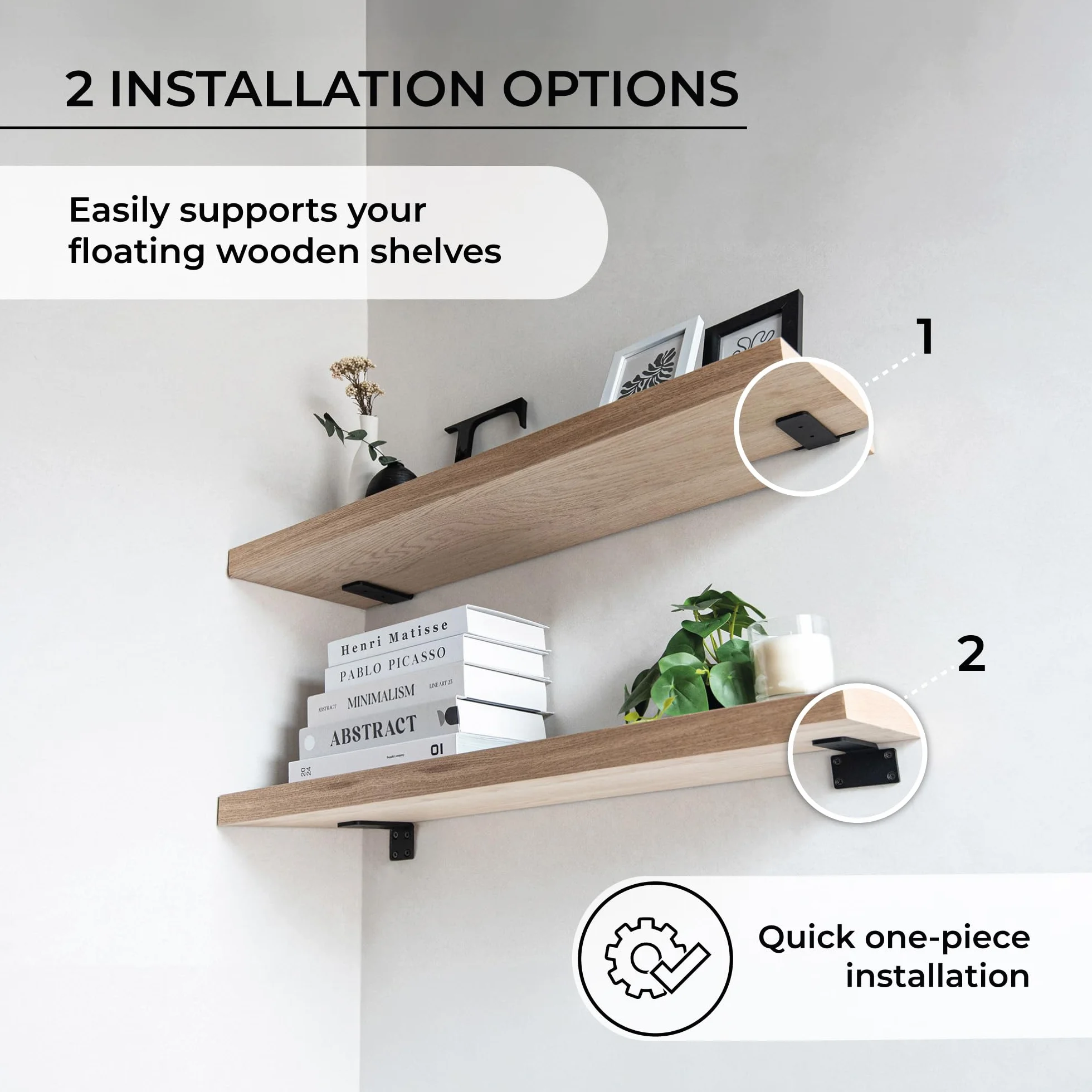 MILUKA Pack 6 Metal Brackets for Shelves 15 cm | Wall Shelf Brackets | Heavy Duty Steel, 70 kg | Black Industrial Design, Invisible Anchorage and Easy Installation