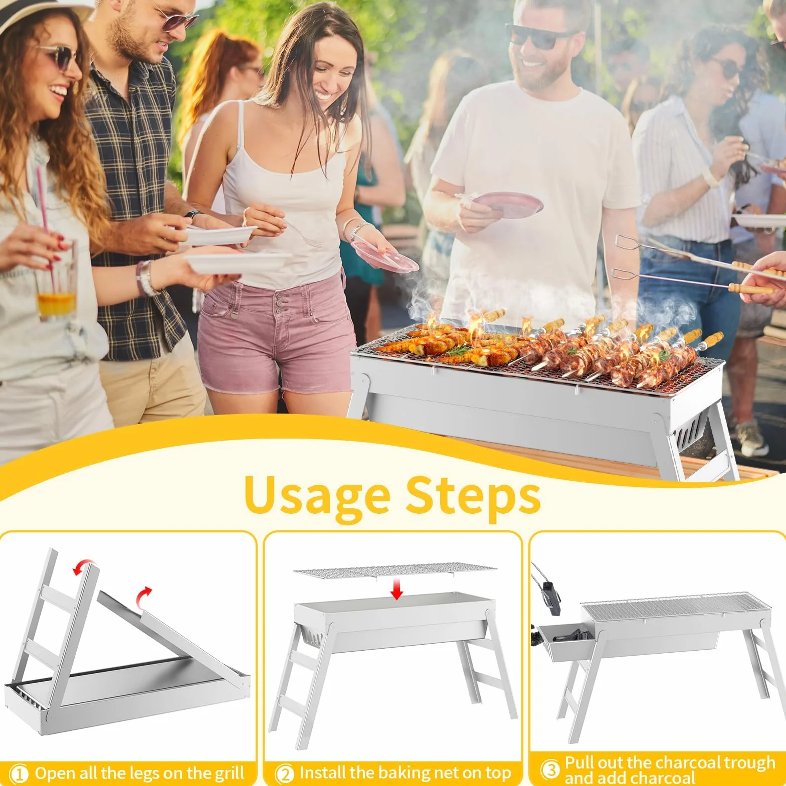 CIRULLI Przenośny grill na węgiel drzewny ze stali nierdzewnej – kompaktowy, składany grill na kemping, do ogrodu i na balkon, do użytku na zewnątrz, na kemping (44 x 20 x 36 cm)