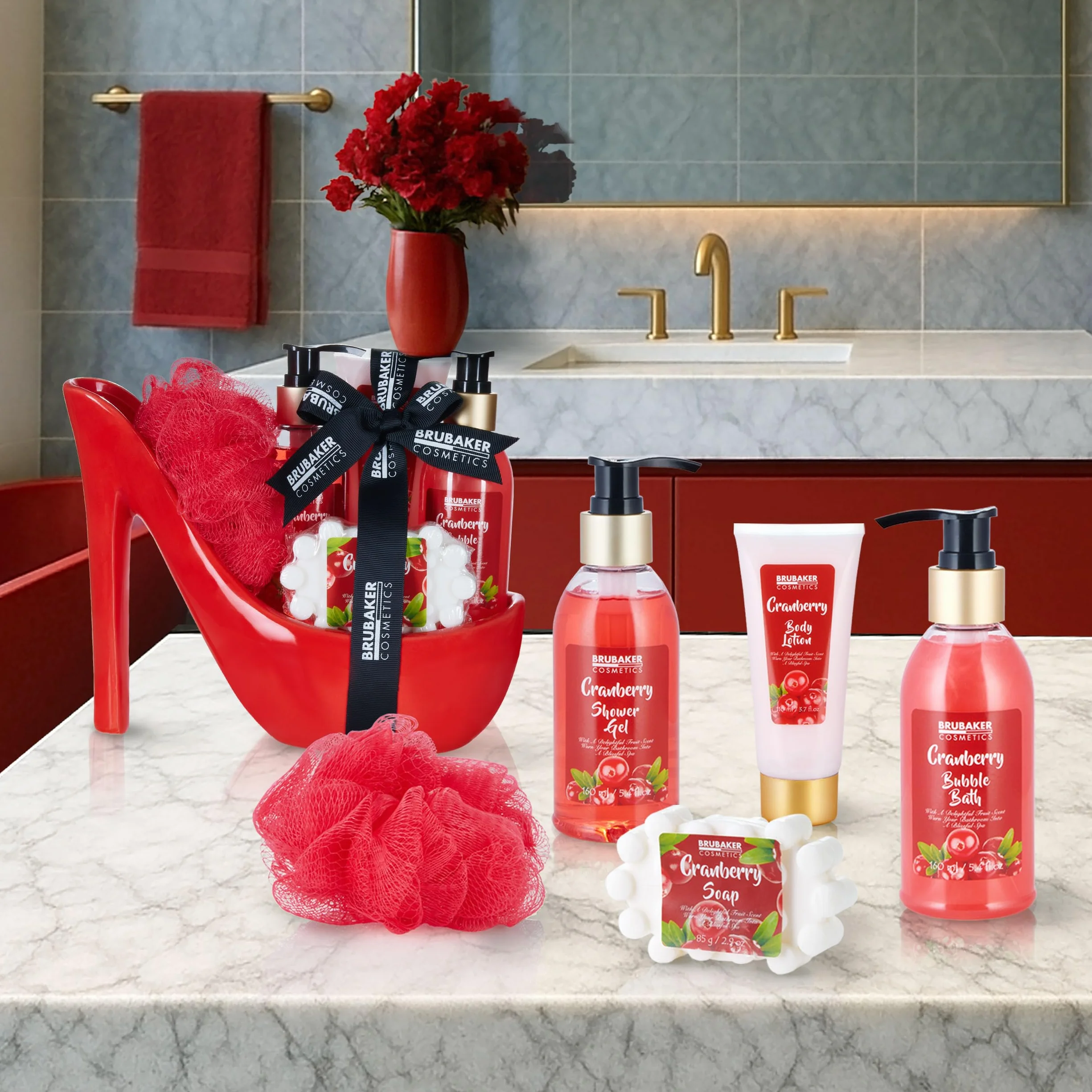 BRUBAKER Cosmetics Luxury Cranberry Beauty Set - 6-częściowy zestaw do kąpieli i pod prysznic - zestaw upominkowy w ceramicznym Stiletto Red