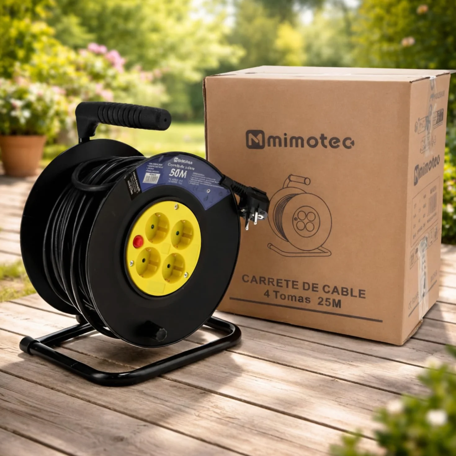 M mimotec - Zewnętrzny zwijacz kabla 50 m 4 gniazda 3200W 16A | Kabel H05VV-F 3G1,5 mm² | Ochrona dzieci | Przedłużacz elektryczny do ogrodu, garażu i warsztatu