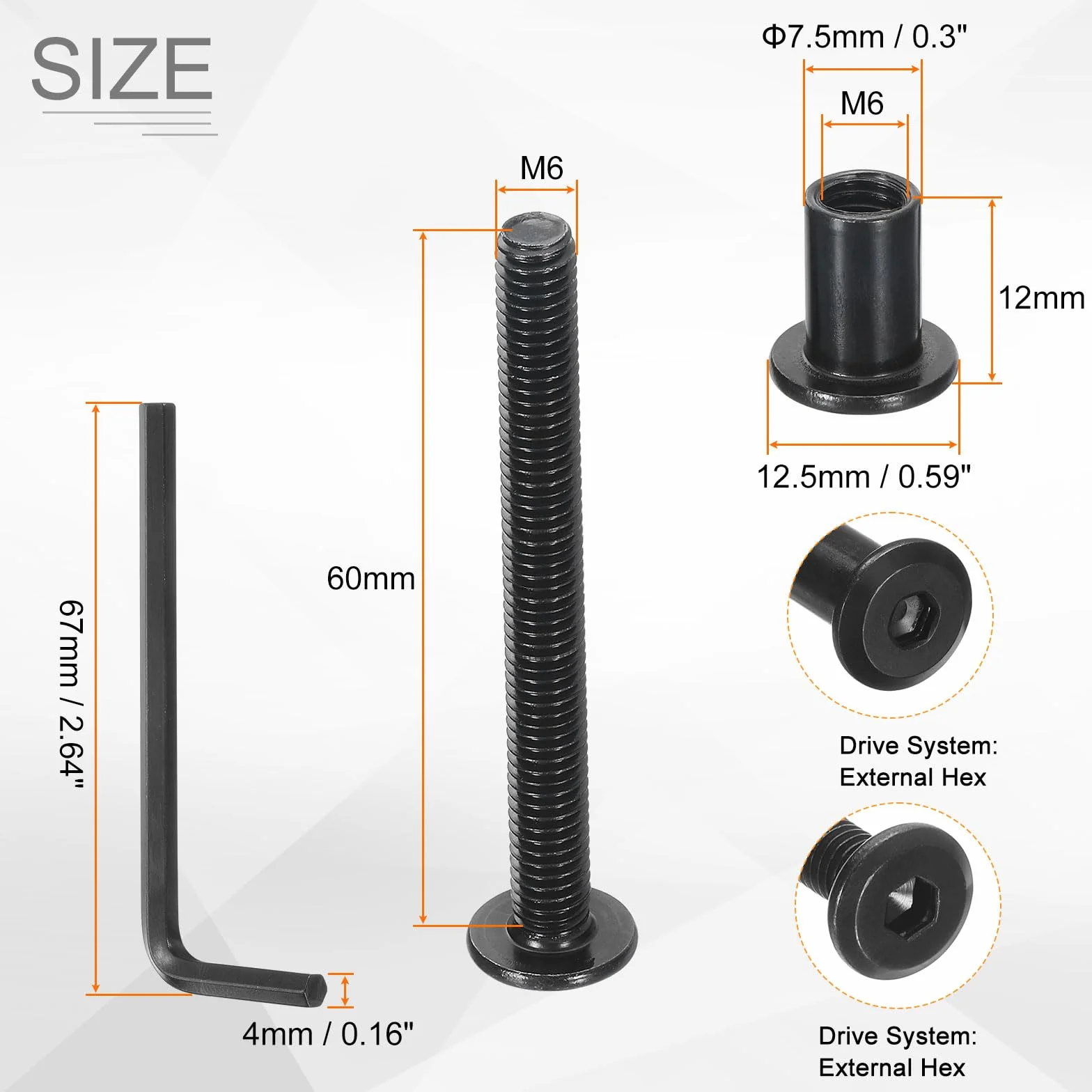 QUARKZMAN 10 zestawów M6 x 60 mm Śruba z łbem sześciokątnym z gniazdem sześciokątnym i nakrętkami M6x12mm z kluczem sześciokątnym, śrubami i śrubami łączącymi meblowymi z pasem płaskim, czarny