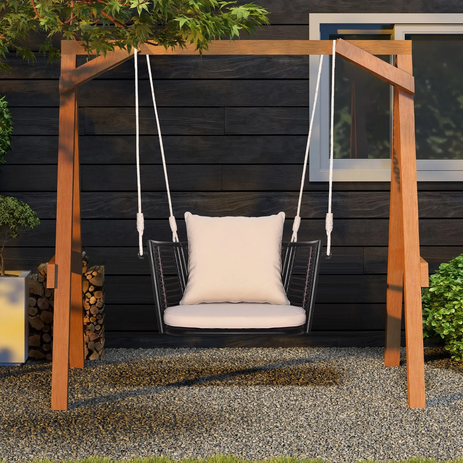 COSTWAY Fotel wiszący, obciążenie do 180 kg, fotel wiszący z poduszkami, metalową ramą i linami wiszącymi, fotel wiszący, huśtawka tarasowa, na werandę i podwórko, brązowy