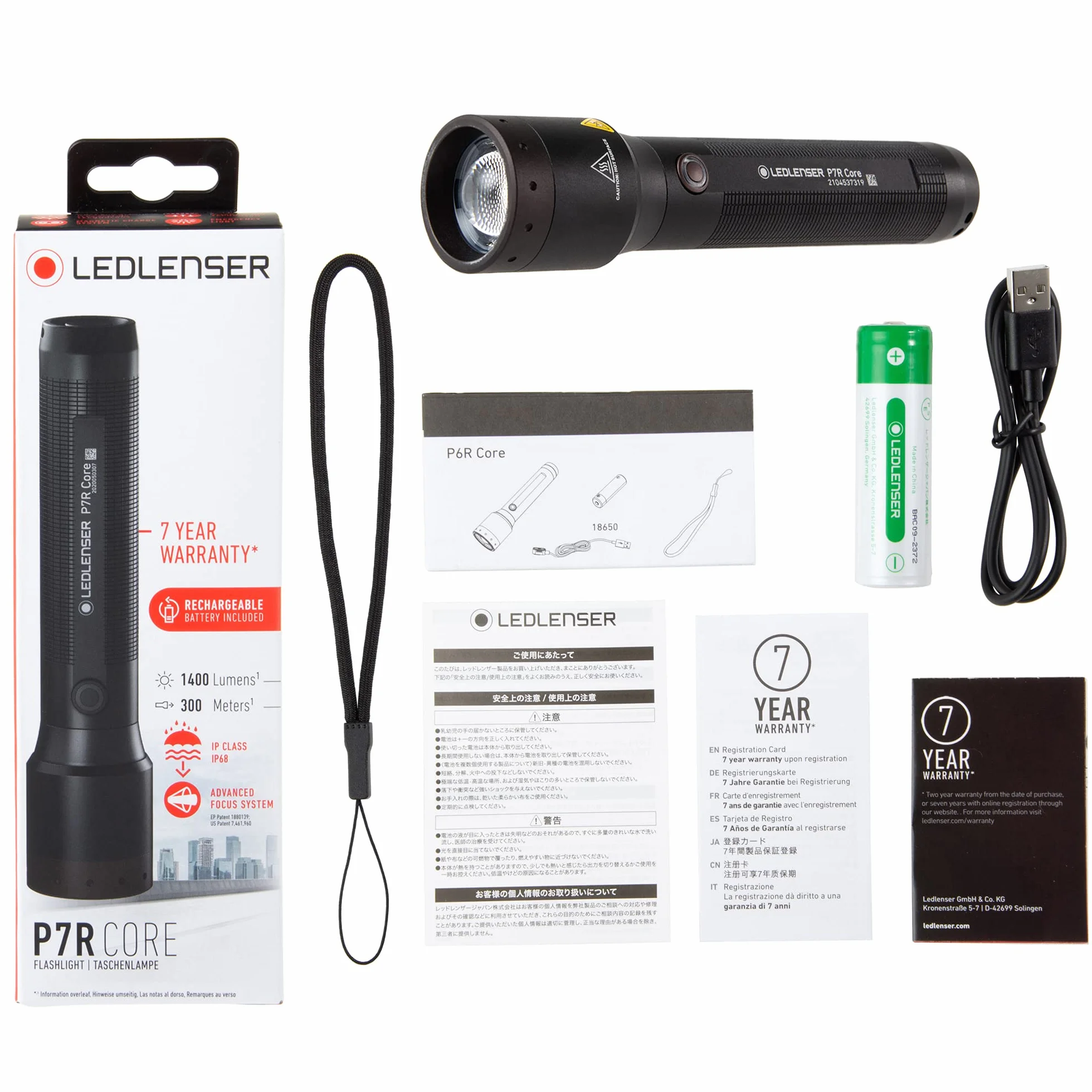 Ledlenser P7R Core Allround latarka LED, 1400 lumenów, ładowana akumulatorem litowym typu 21700, wodoodporność IP68, z możliwością ogniskowania, 300 m, stałe światło, magnetyczny kabel ładujący USB