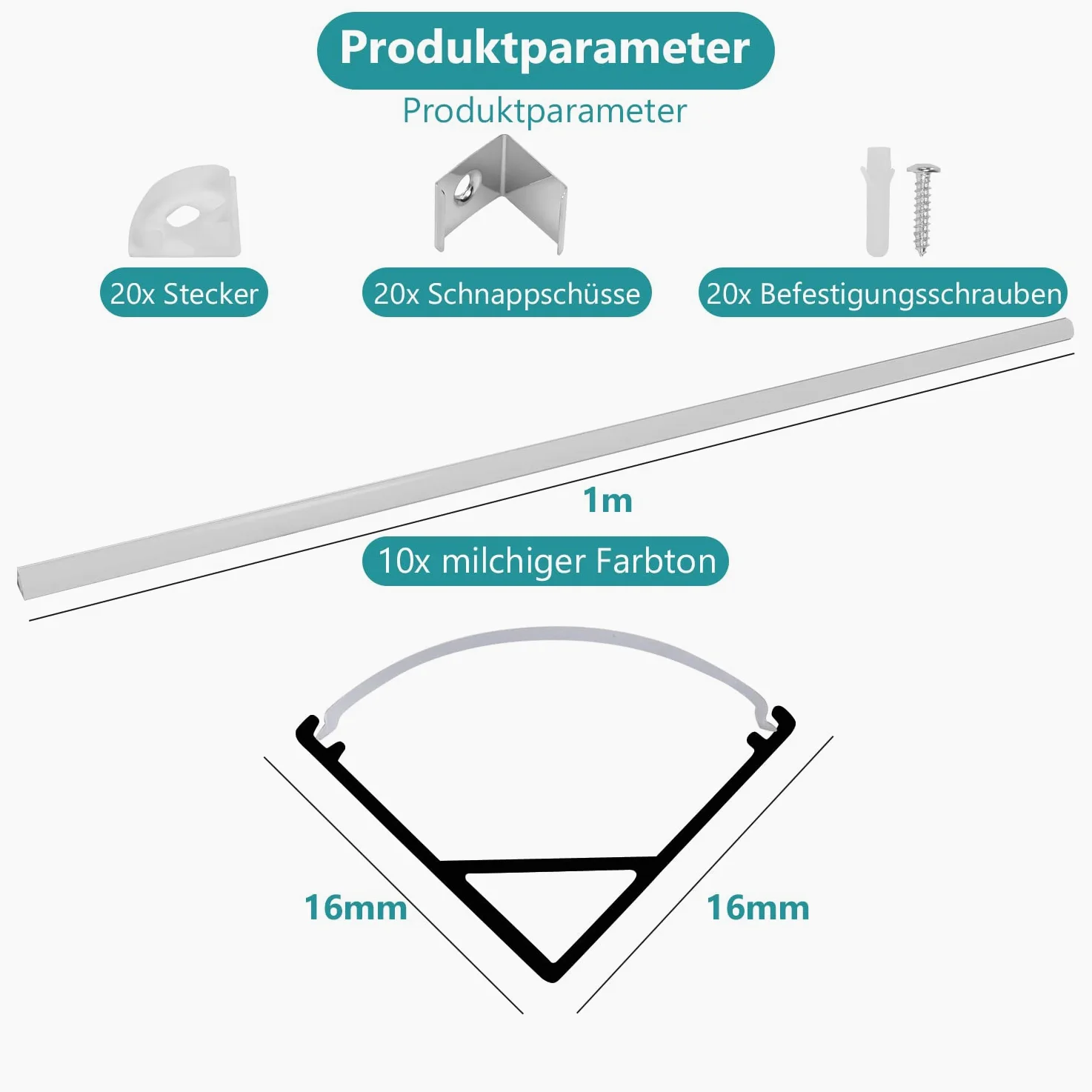 Profil aluminiowy LED, 40 x 1 m, profil LED 45 stopni, kształt litery V do taśm LED / taśm/pasków (1-11 mm) z osłoną, w zestawie zaślepki i klipsy montażowe do taśm LED
