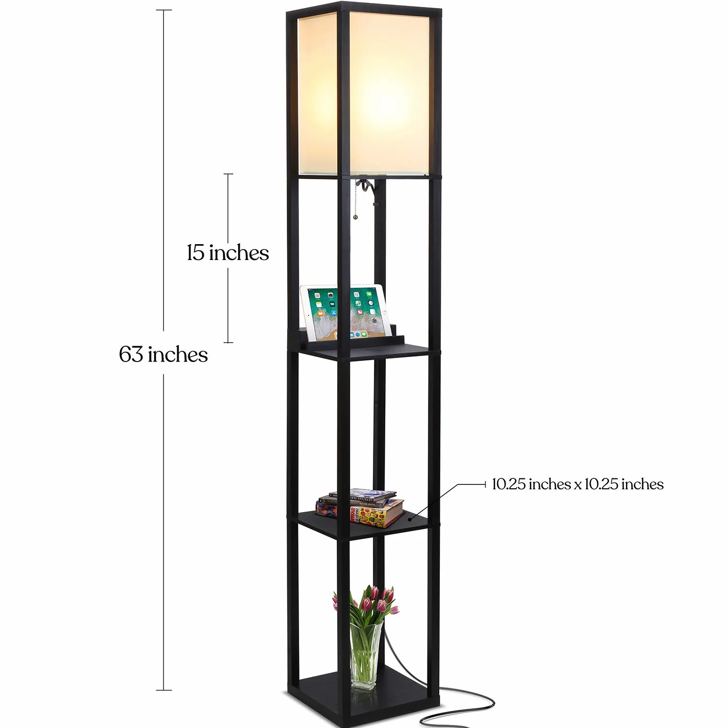 Brightech Maxwell Shelf lampa stojąca z bezprzewodową stacją ładującą, złączem USB i gniazdkiem, do biura i salonu, nowoczesna, wąska lampka nocna i wieżowa, czarna