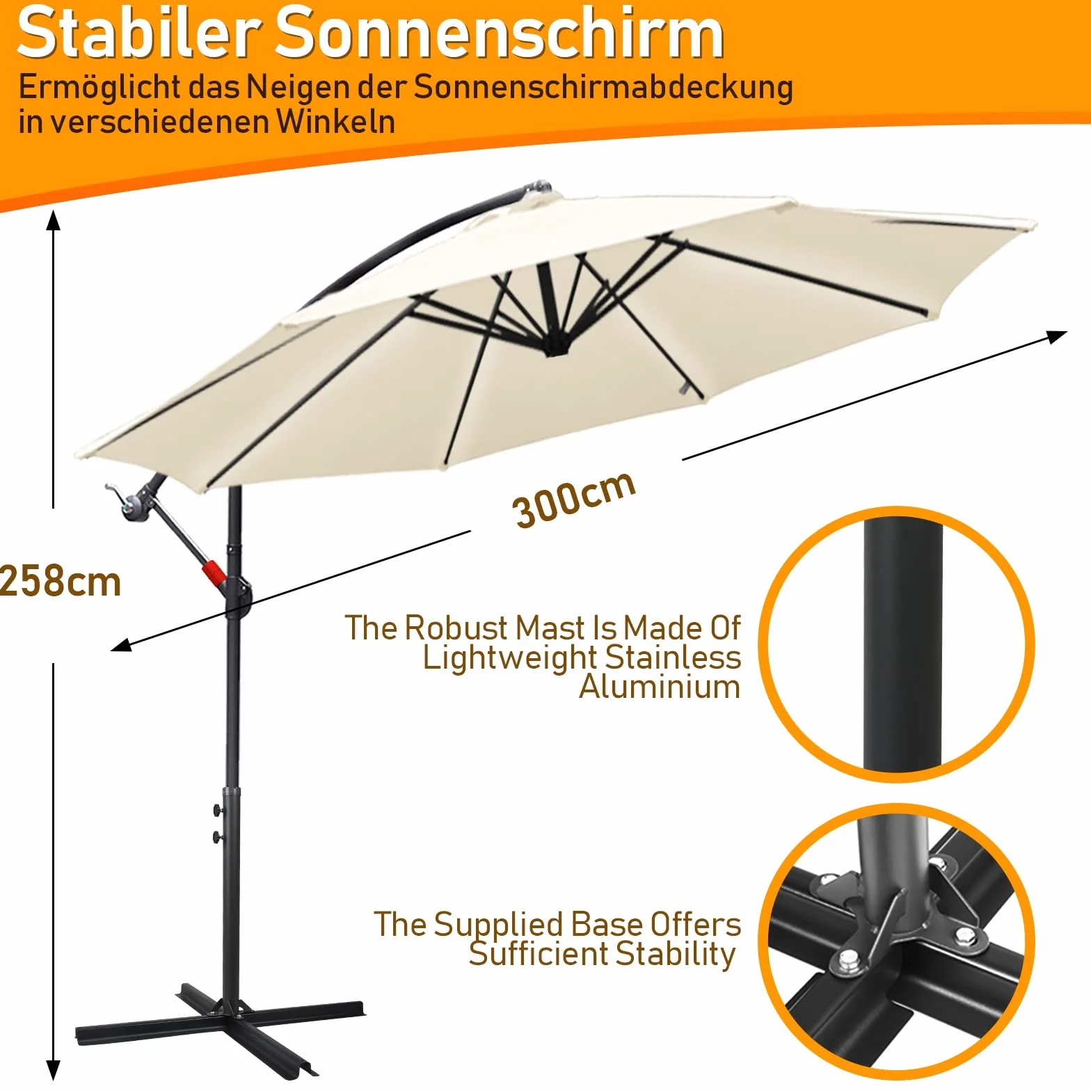 Fiqops Solarny parasol przeciwsłoneczny LED, Ø 350 cm, z korbą, aluminiowy parasol ze stojakiem, ochrona przed promieniowaniem UV, aluminium, na korbę, do ogrodu