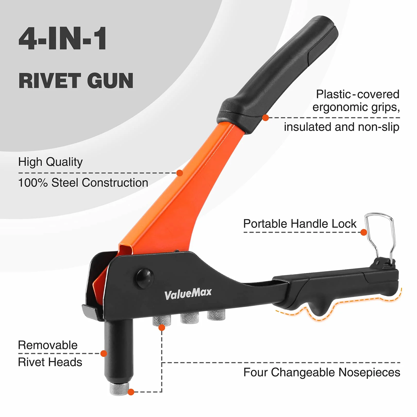 ValueMax Zestaw nitów 4 w 1 z 200 nitami, nitownica pop z 4 wymiennymi końcówkami 3/32" (2,4 mm), 1/8" (3,2 mm), 5/32" (4,0 mm), 3/16" (4,8 mm), wytrzymały zestaw nitów pop