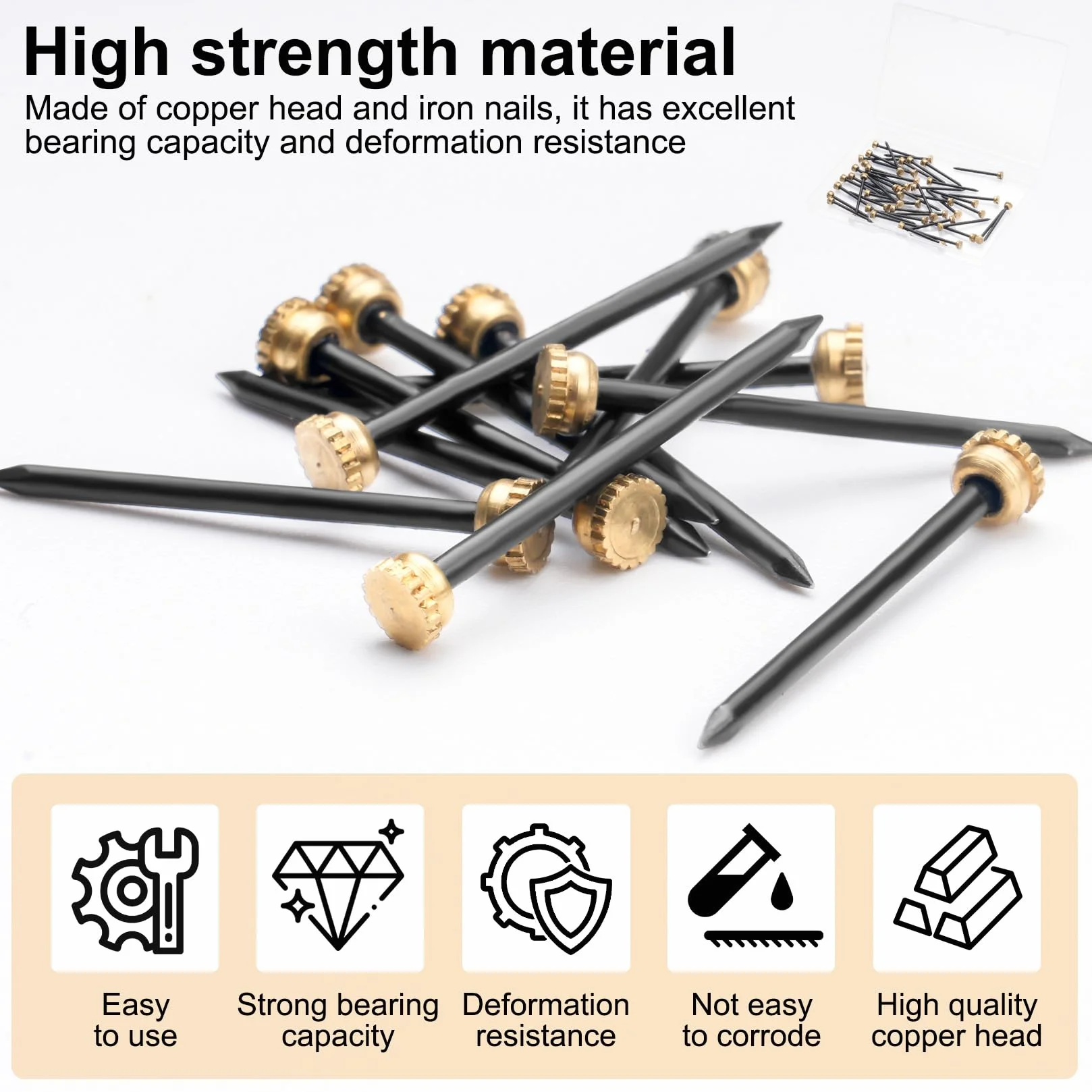 Zestaw 50 sztuk gwoździ do obrazów, stalowe gwoździe 25mm do gwoździ obrazowych do ścian betonowych, Nails Set, gwoździe miedziane ze złotą główką, zestaw gwoździ ściennych gwoździ hakowych do betonu