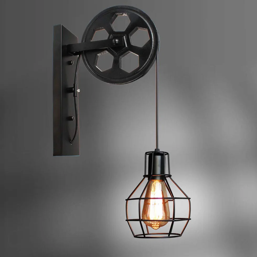 Lampa ścienna Vintage Industrialna Kinkiet Pulley Wewnętrzny Retro Lampa Wisząca E27 Metal Klatka Czarny Loft Stylu dla Sypialnia Regulowana Lina 60W Kinkiet (3 szt)