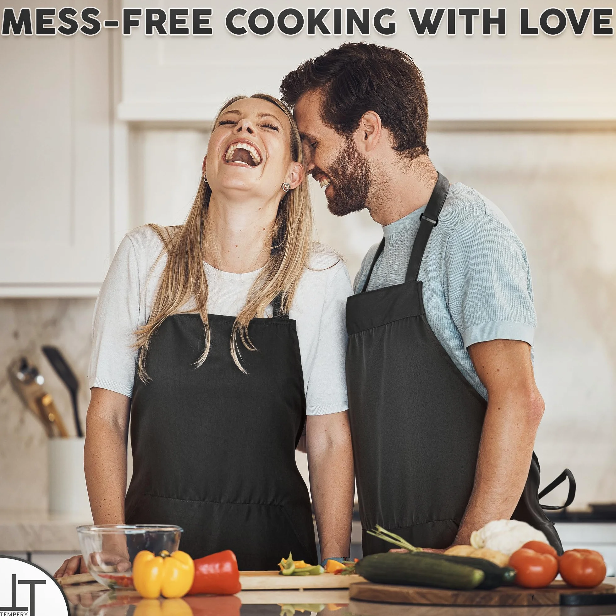 Adjustable Black Kitchen Apron for Men & Women - 80% Polyester 20% Cotton with Large Pocket