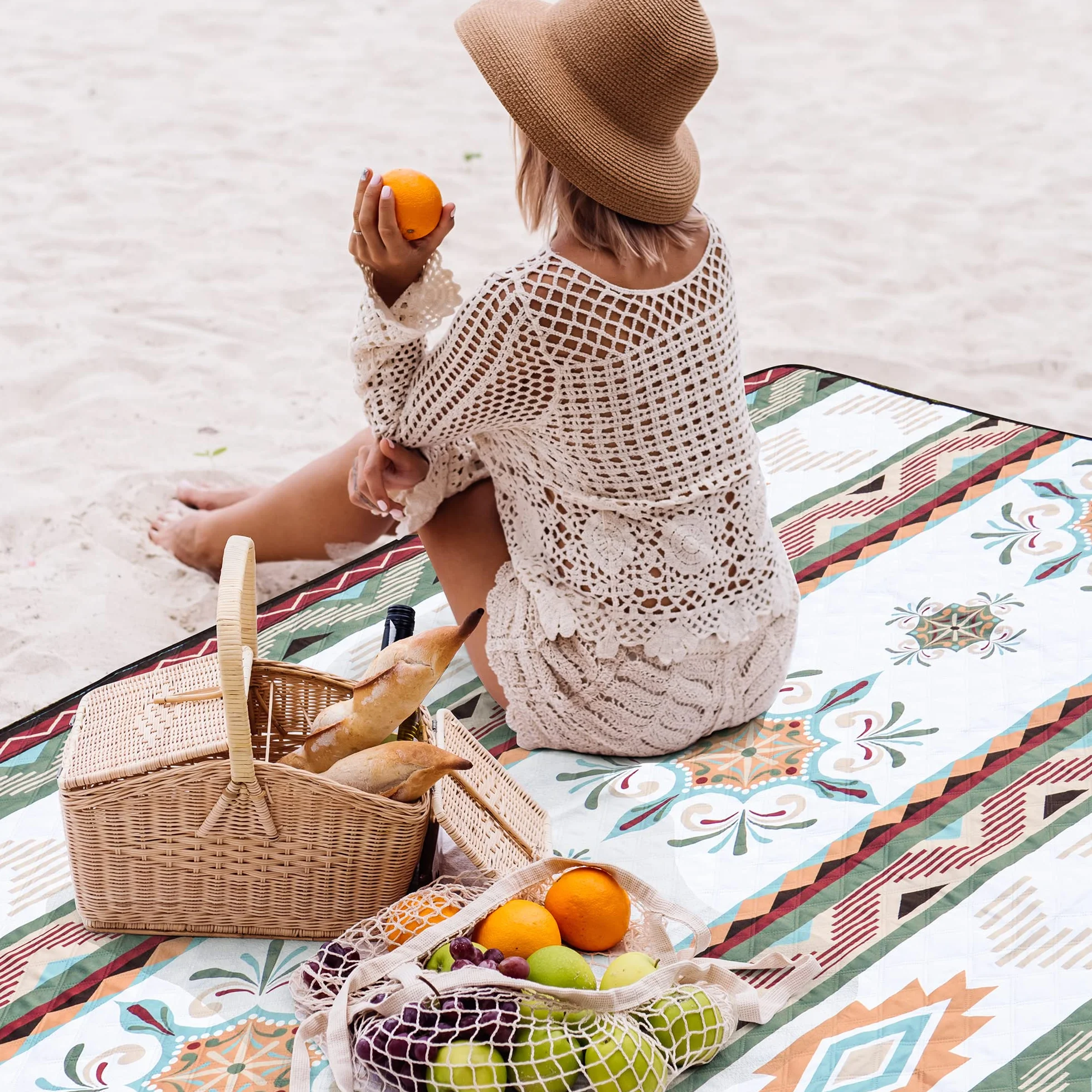 LARUTAN Koc piknikowy w stylu boho, 200 x 200 cm, bez piasku, przenośny, nadaje się do prania, podkładka plażowa, koc piknikowy na suchą plażę, BBQ, piknik, wędrówki, podróże, koc kempingowy, zielony