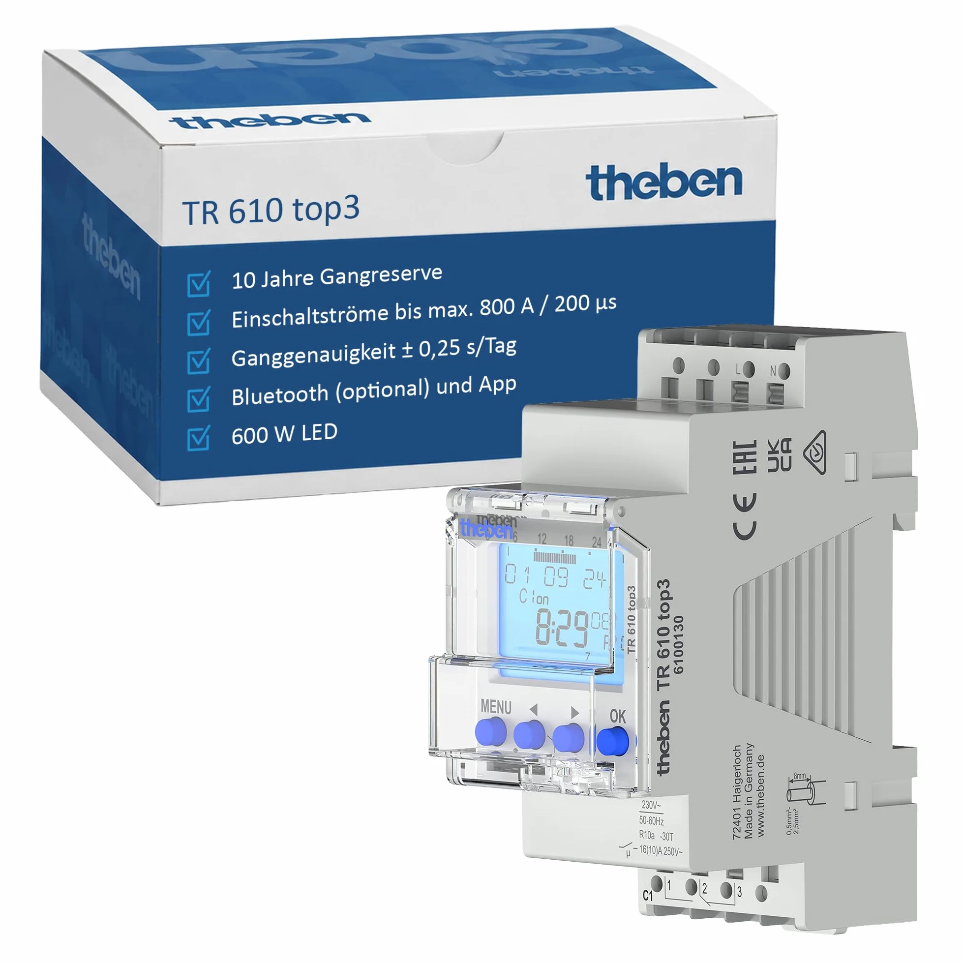 Theben 6100130 TR610 top3 cyfrowy 1-kanałowy zegar sterujący z programowaniem aplikacji, idealny do diod LED, wyłączników czasowych