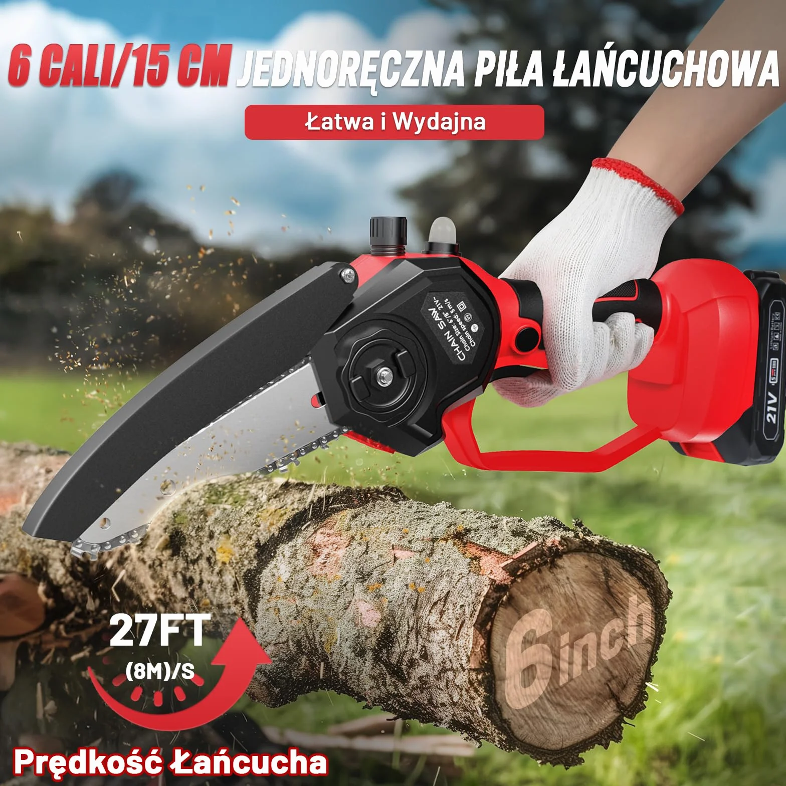 Mini Piła Łańcuchowa Bezprzewodowa 6 Cali, Elektryczna Piła z Silnikiem 800W, Systemem Instalacji Beznarzędziowej/Blokady Bezpieczeństwa, z 2 Akumulatorami 2000mAh do Przycinania Drzew, Cięcia Drewna