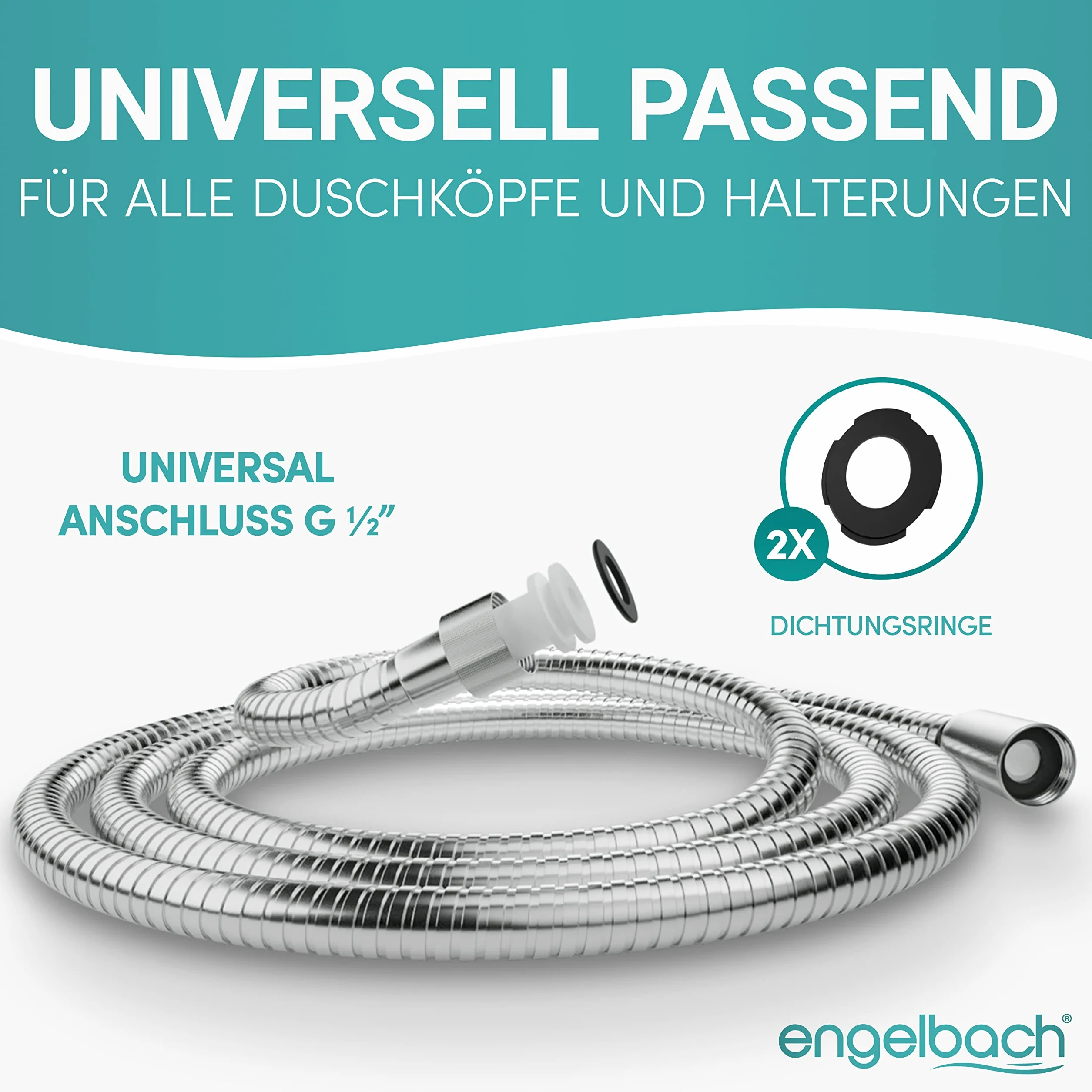 Engelbach® Wąż prysznicowy 1,5 m ze stali nierdzewnej – wąż z prysznicem ze standardowym przyłączem – elastyczny i certyfikowany do wody pitnej – Made in Germany