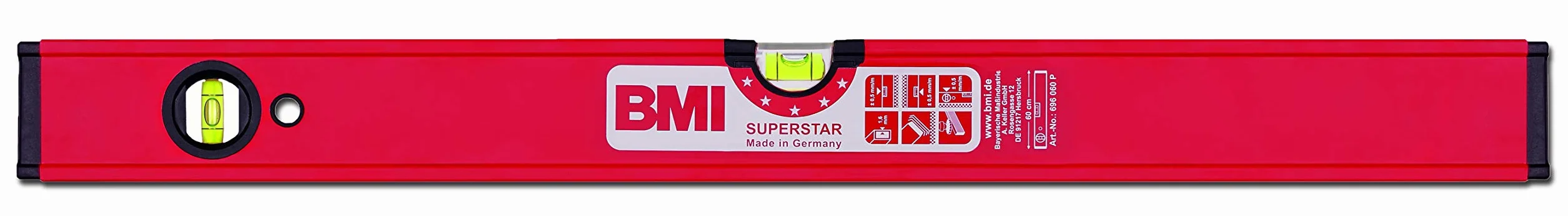 BMI Aluminiowa poziomica Superstar z magnesem (80 cm długości, powierzchnia powlekana proszkowo, bezkrawędziowa poziomica pozioma, wysoka dokładność pomiaru 0,5 mm/m, z gumowymi zaślepkami) 696080PM