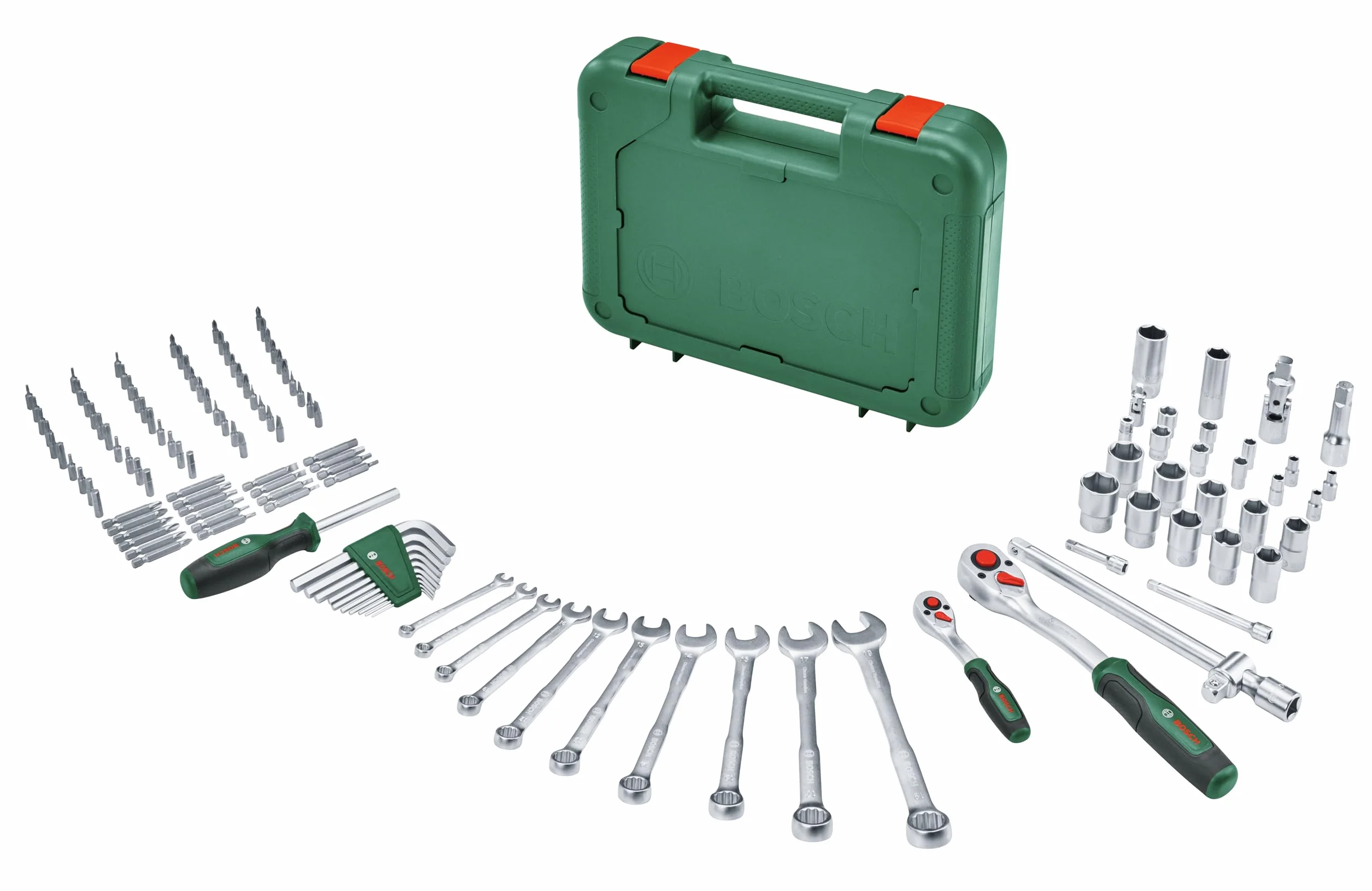 Bosch Advanced: 132-częśc. zestaw narz. ręcznych (zestaw narz. do wymagających prac montaż., wys. jakości materiały, ergon. konstrukcja, klucze, klucze sześciokątne, grzechotki, wkrętaki, osprzęt)