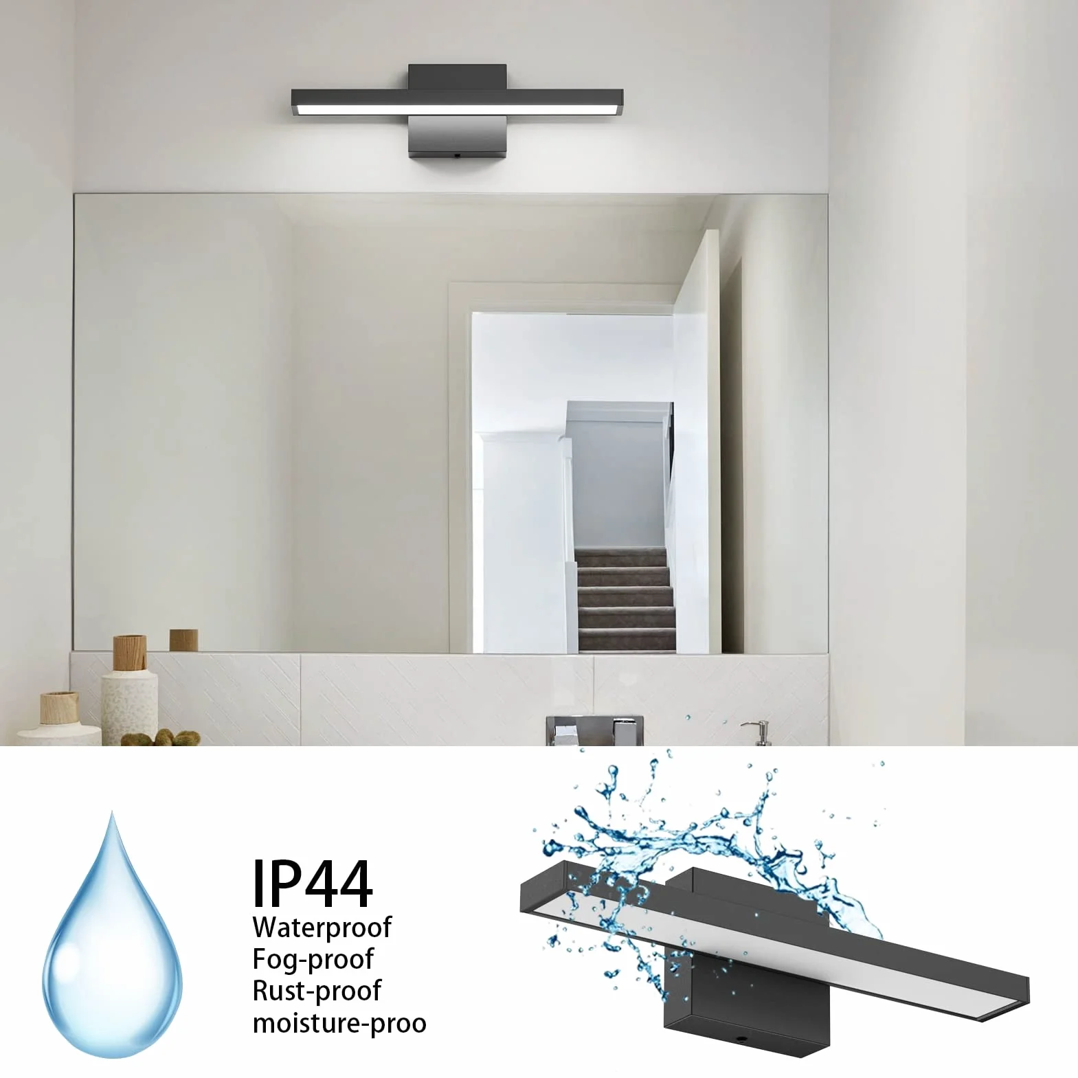 Klighten Lampa LED do lustra łazienkowego, 40 cm, 12 W, 1080 lm, nowoczesne lustro łazienkowe, IP44, 6000 K, zimna biel, 60 diod LED, 110-240 V, czarna