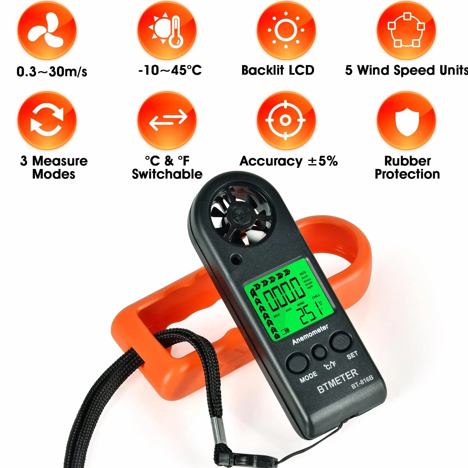 Anemometr ręczny BTMETER BT-816B Cyfrowy miernik prędkości wiatru z termometrem HVAC CFM