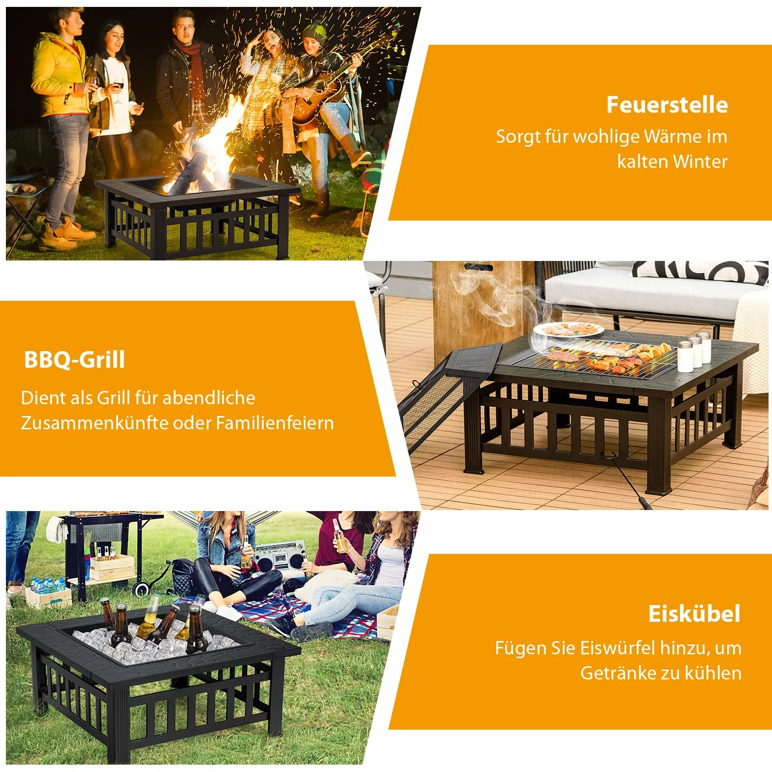 COSTWAY Palenisko z rusztem 3 w 1 z ochroną przed iskrami 81 x 81 x 50 cm Fire Pit do ogrodu czarny