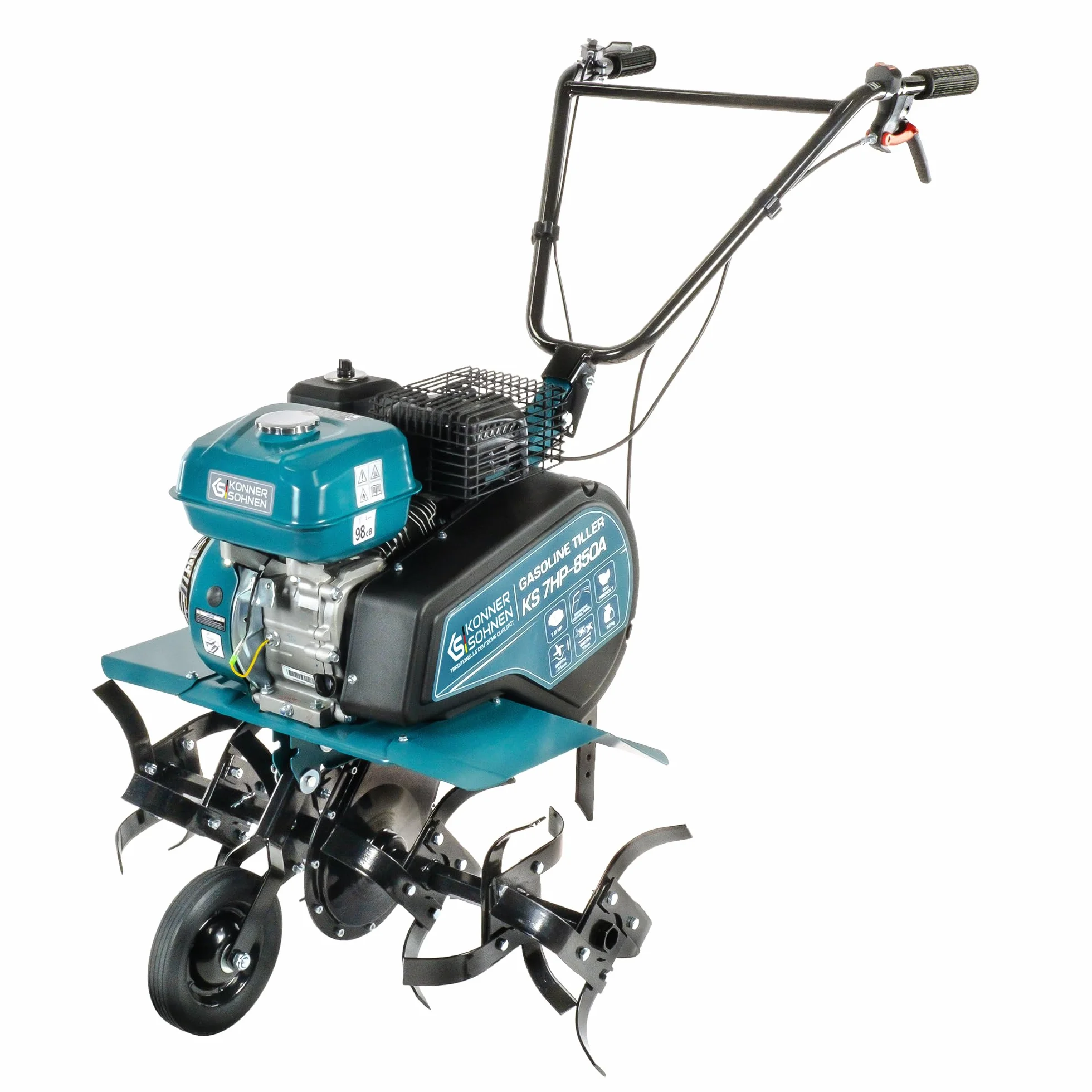 Glebogryzarka Benzynowa Könner & Söhnen KS 7HP-850A Kultywator Spalinowy z Paskiem, Napędem łańcuchowym, Kute Nożyce Szablaste, Regulowany Otwieracz, Szerokość Robocza ≤ 80 cm, Głębokość Robocza ≤ 31 cm, Moc Silnika 7,0 KM