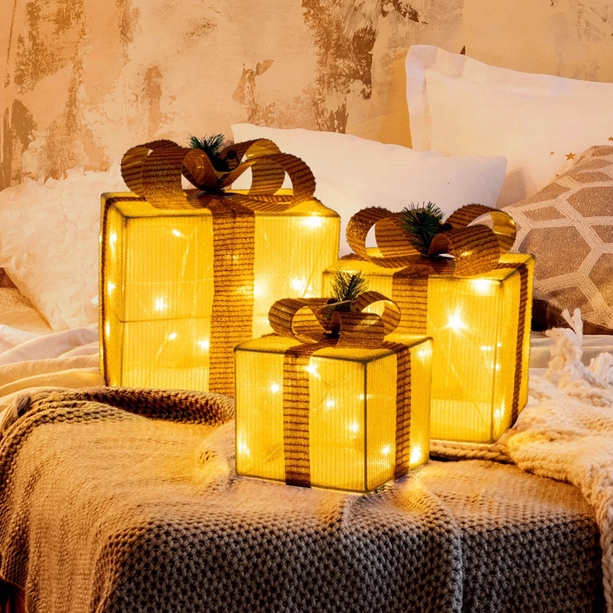 GIGALUMI Pudełko prezentowe LED, zestaw 3 sztuk, 8 trybów, 60 diod LED, świecące pudełko bożonarodzeniowe, łańcuch świetlny z wtyczką do wnętrz, żółta dekoracja bożonarodzeniowa, ciepła biel
