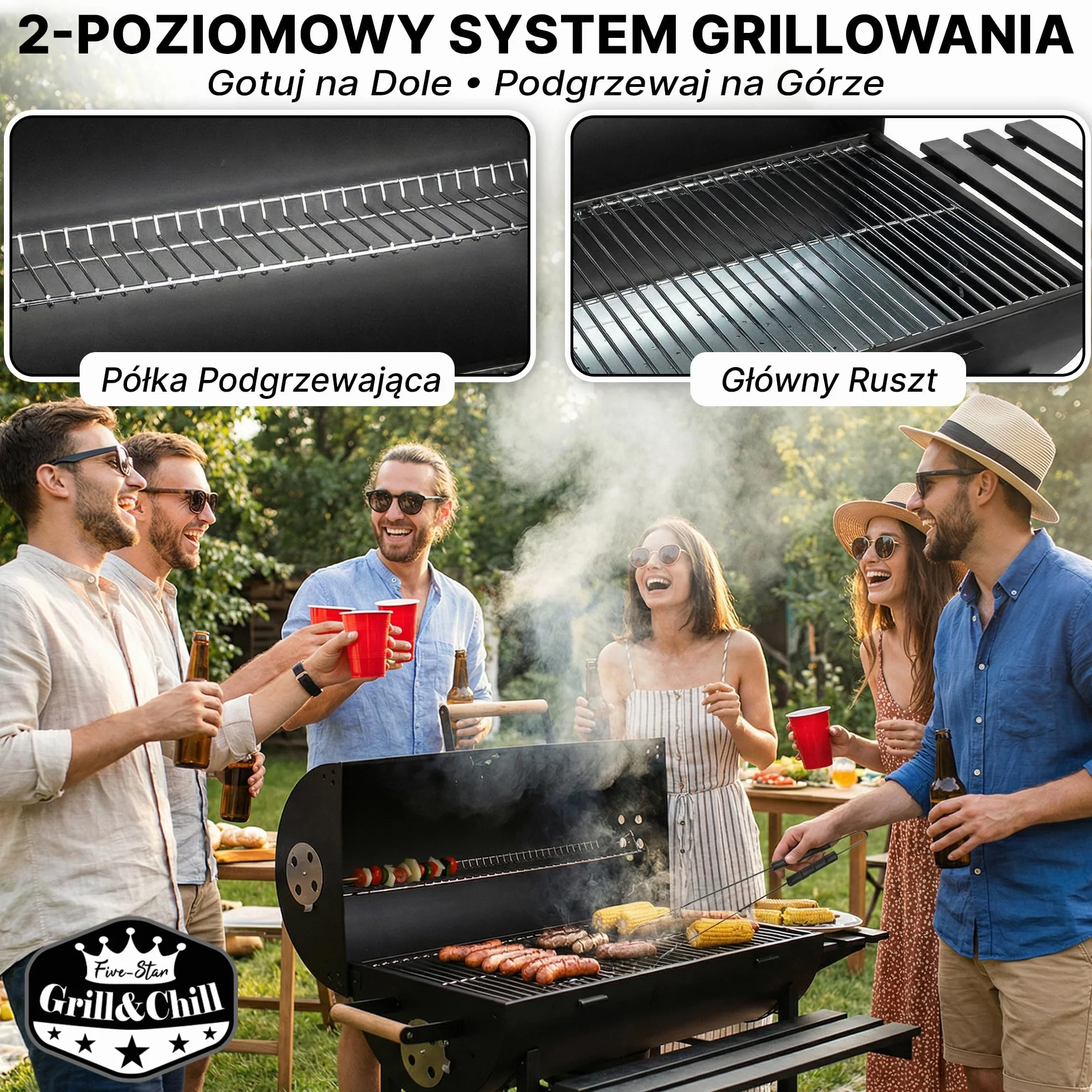 Five-Star Grill & Chill Grill Węglowy Ogrodowy z Pokrywą 71x35 cm GC0002