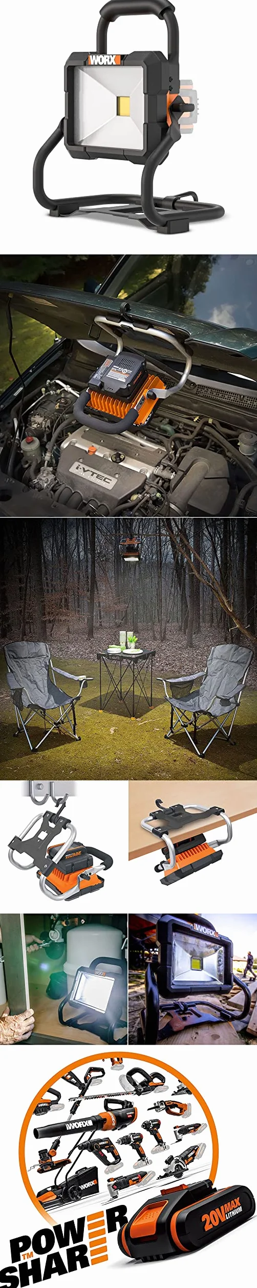 WORX Wx026.9 Lampa Robocza Led, 0 W, 20 V, Szara, 23 X 26 X 24,5 Cm