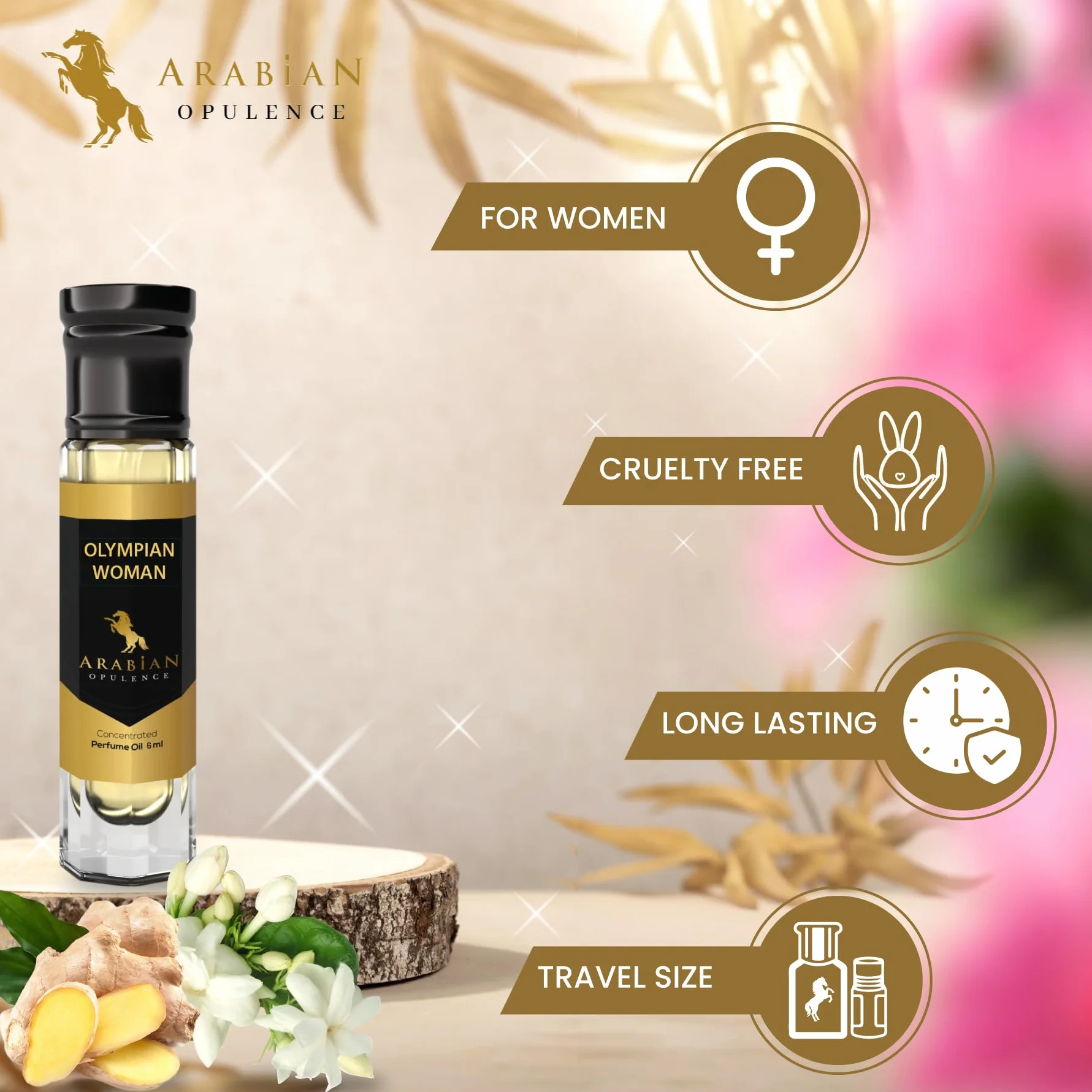 Arabian Opulence FR226 OLYMPIAN WOMAN skoncentrowany olejek perfumowany, bursztynowy kwiatowy zapach w rolce dla kobiet, długotrwałe perfumy na bazie oleju, bezalkoholowy olejek do ciała (6 ml)