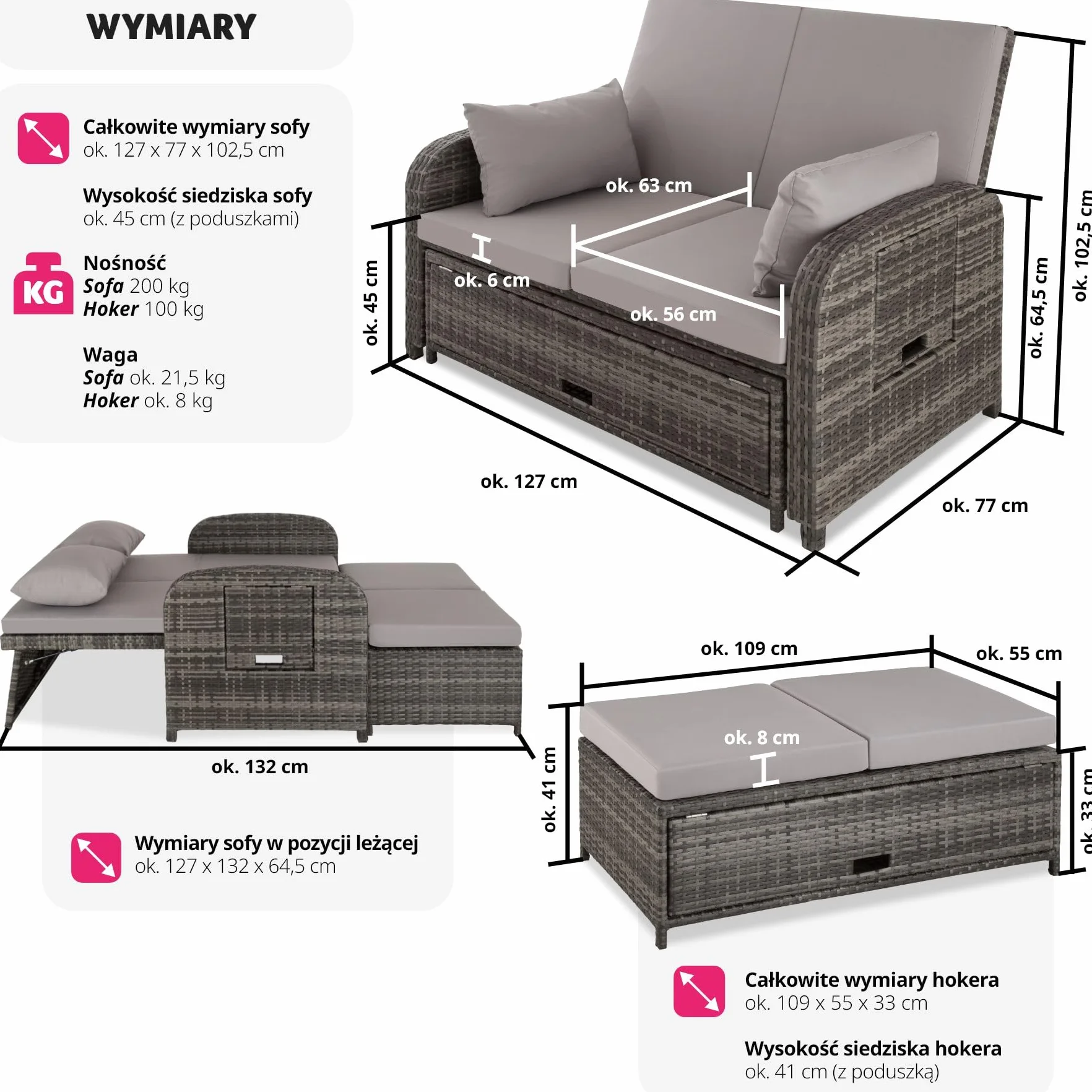 tectake® Sofa Ogrodowa z Technorattanu, Multifunkcyjna z Systemem Sprężyn, Regulowane Oparcie, Wodoodporne Poduszki, Bez Montażu, z Pokrowcem (Szary)