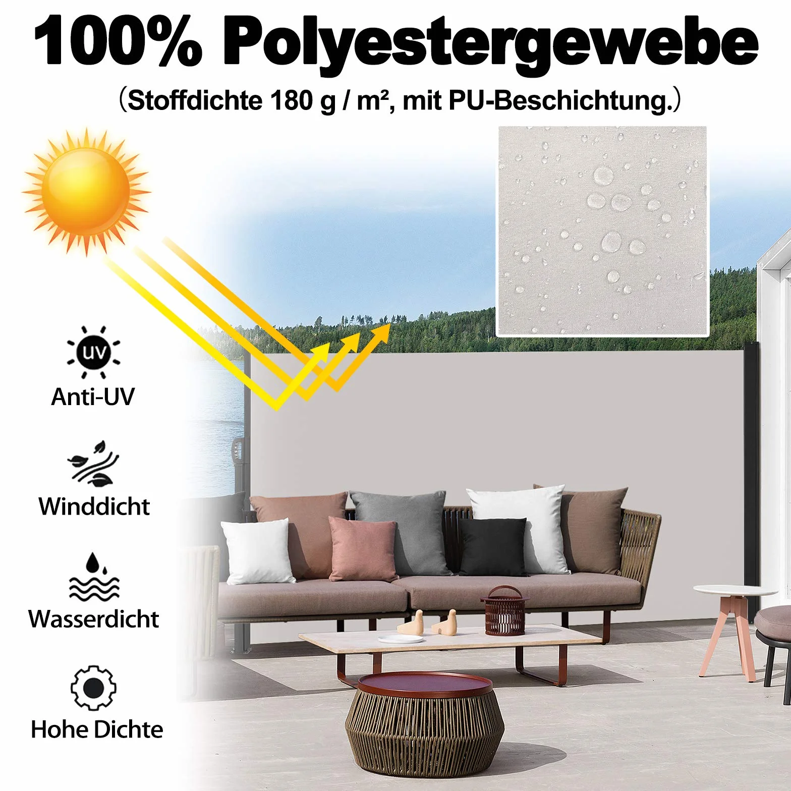 Markiza boczna 200 x 300 cm szara wysuwana ochrona przed wzrokiem i wiatrem na taras balkon ogród