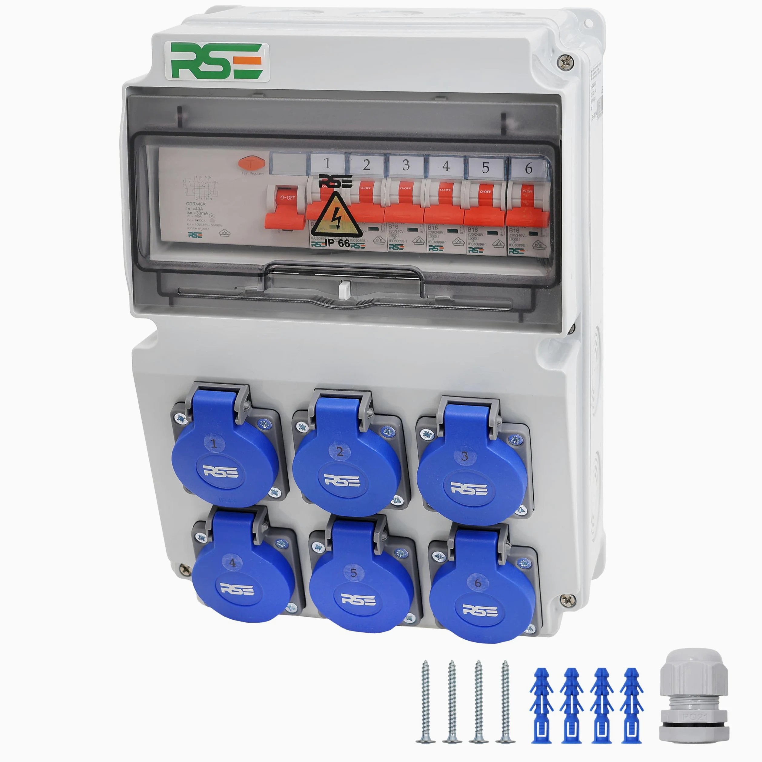 RSE Rozdzielacz prądu budowlanego rozdzielnica ścienna w pełni okablowany 230 V Schuko z licznikiem do wyboru IP65, 11. 6 x 230 V z LS + FI 3P