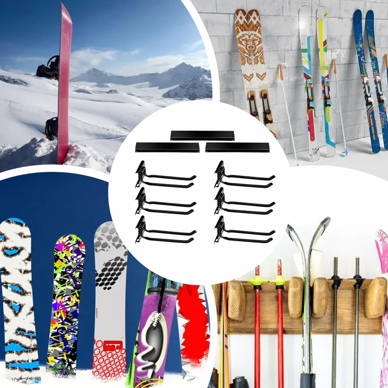 Uchwyt na narty do garażu, na ścianę, z 6 haczykami | antypoślizgowy uchwyt do przechowywania, uchwyt na deskę snowboardową, montaż na ścianie – do użytku wewnątrz i na zewnątrz,