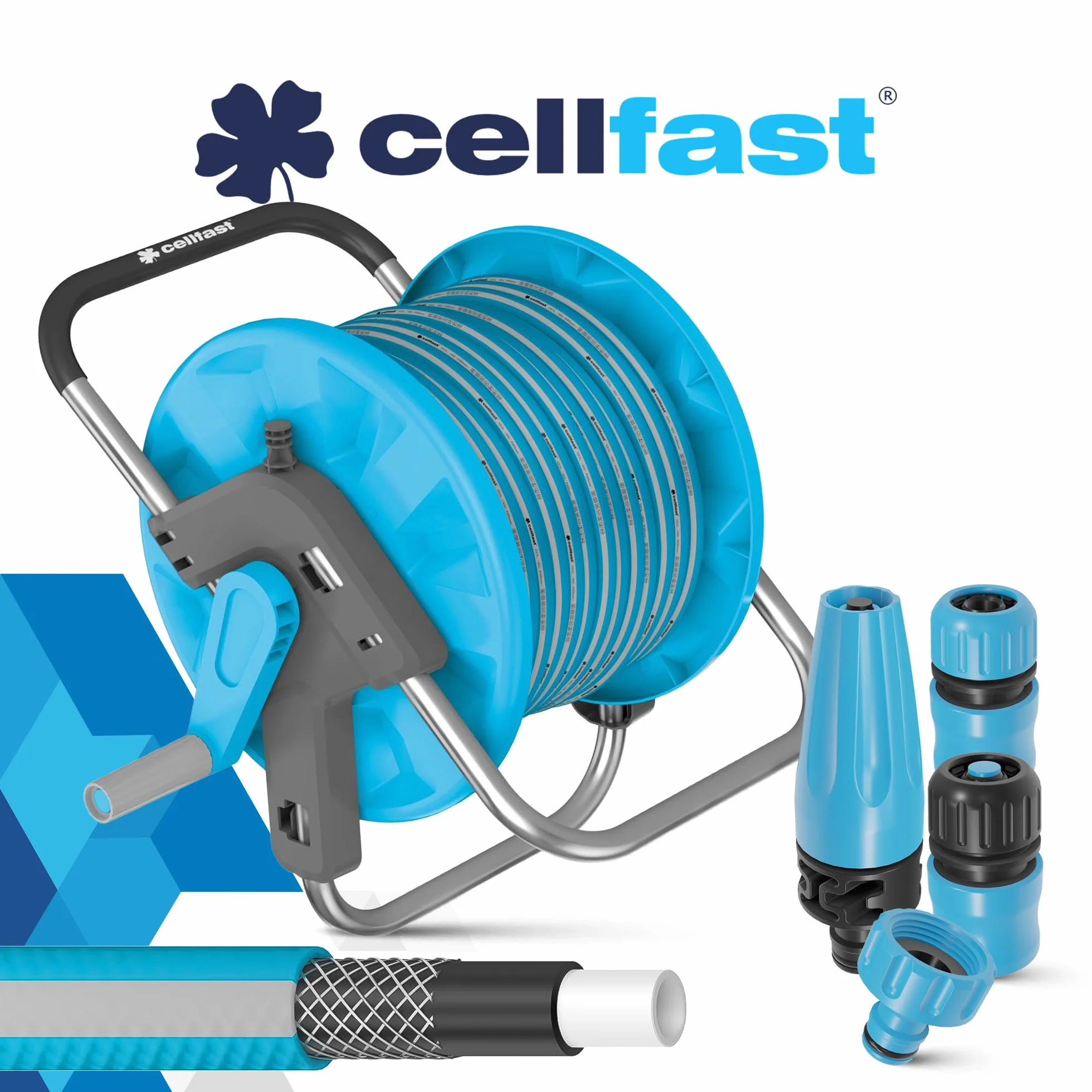 CELLFAST IDEAL bęben na wąż ogrodowy 1/2" 30 m z słuchawką ogrodową i zestawem przyłączeniowym | wąż ogrodowy do bębna zwijacza węża 1/2 cala | wózek z wężem elastycznym, zapobiegającym skręcaniu się