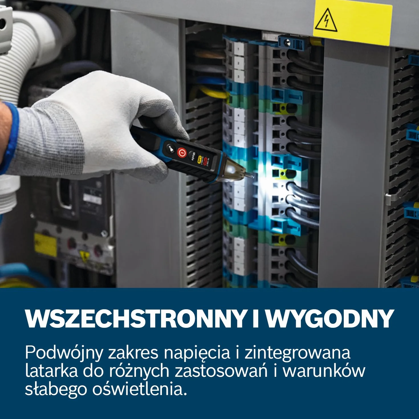 Bosch Professional Tester elektryczny GVD 1000-17 (bezdotykowe wykrywanie napięcia, IP67, podwójny zakres 24-1000V AC, zintegrowana latarka, zaczep do paska, CAT IV 1000V)