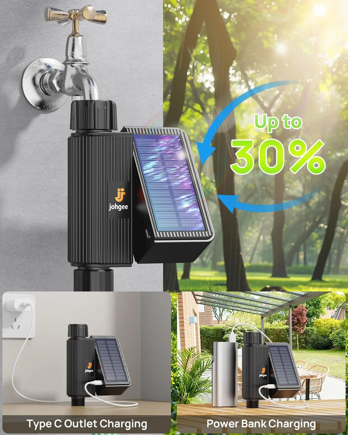 johgee Solarny sterownik nawadniania, Wi-Fi, inteligentny zegar nawadniający, kompatybilny z ogrodem