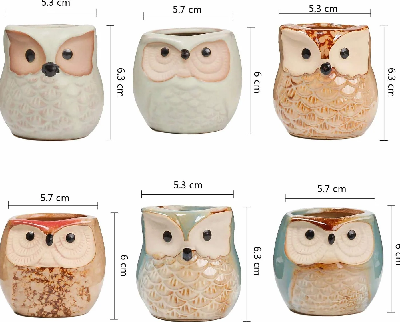 Ceramiczne doniczki z sową 6 szt. na kwiaty kaktus bonsai z otworem