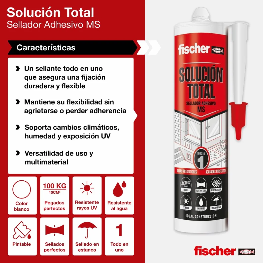 fischer 570946 - Całkowity roztwór Biały, Uszczelniacz Klej MS, klej, uszczelnia i naprawy, wewnątrz i na zewnątrz, wodoodporny | Polimer MS | 290 ml