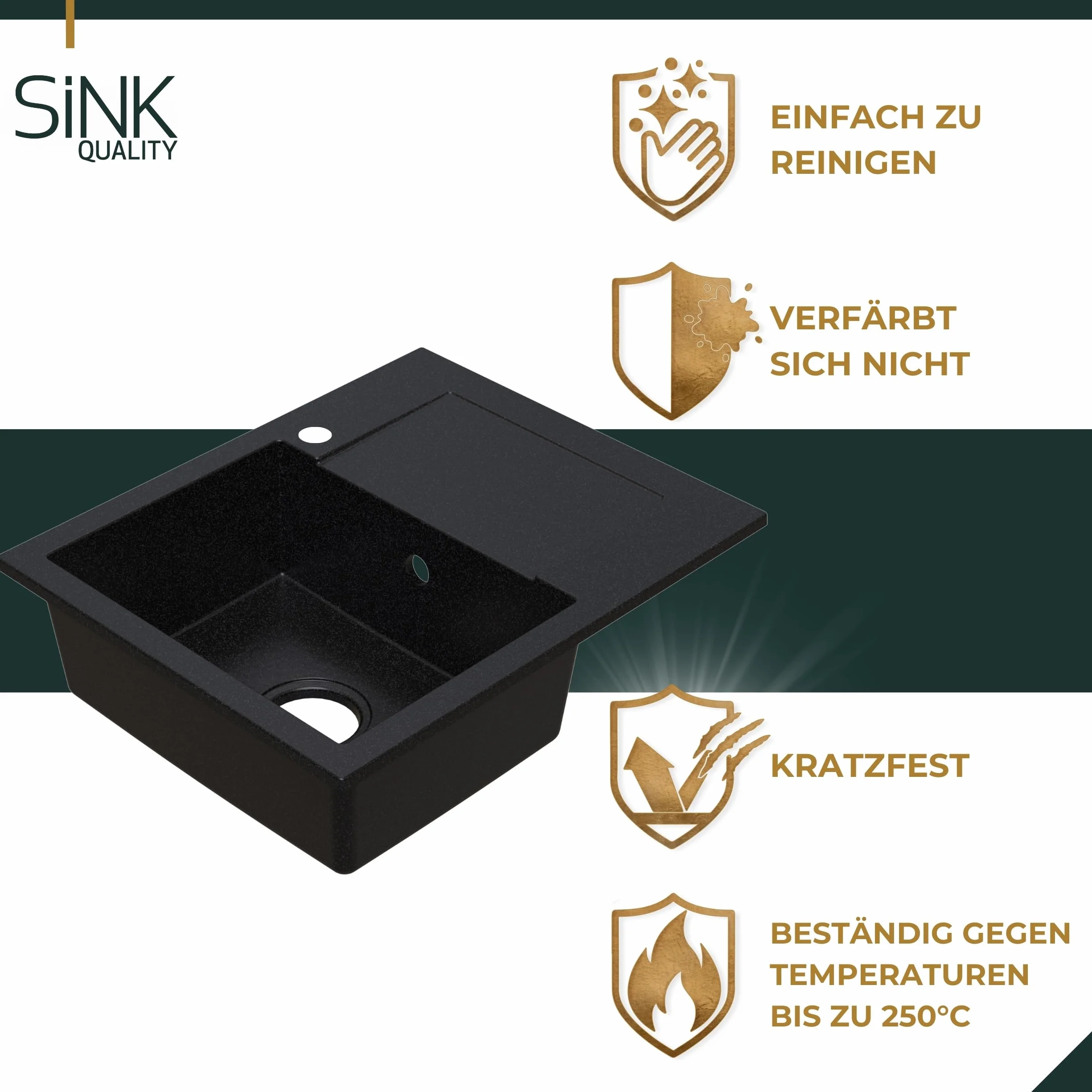 SINK QUALITY zlewozmywak granitowy czarny cętkowany 58 x 47 – zlewozmywak z syfonem i środkiem impregnującym – zlewozmywak kuchenny czarny nakrapiany z ociekaczem do szafki pod umywalkę 50