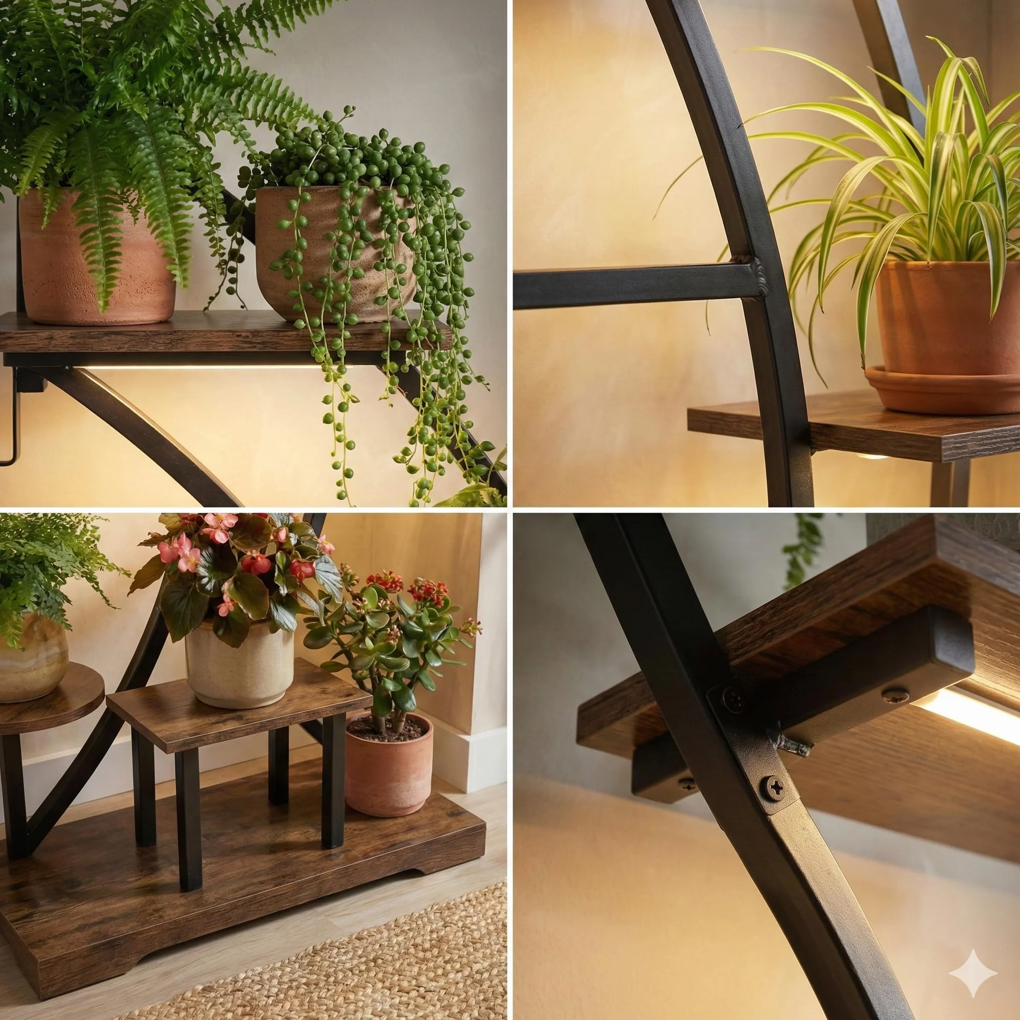 Regał na rośliny z oświetleniem 9 poziomów 160 cm metal drewno stojak dekoracyjny