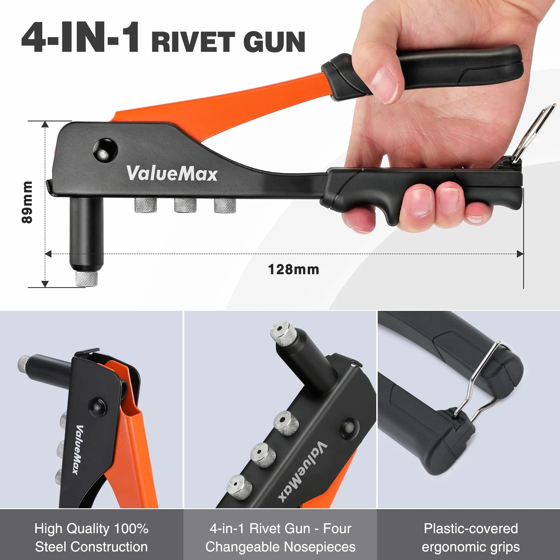 ValueMax Zestaw nitów 4 w 1 z 200 nitami, nitownica pop z 4 wymiennymi końcówkami 3/32" (2,4 mm), 1/8" (3,2 mm), 5/32" (4,0 mm), 3/16" (4,8 mm), wytrzymały zestaw nitów pop