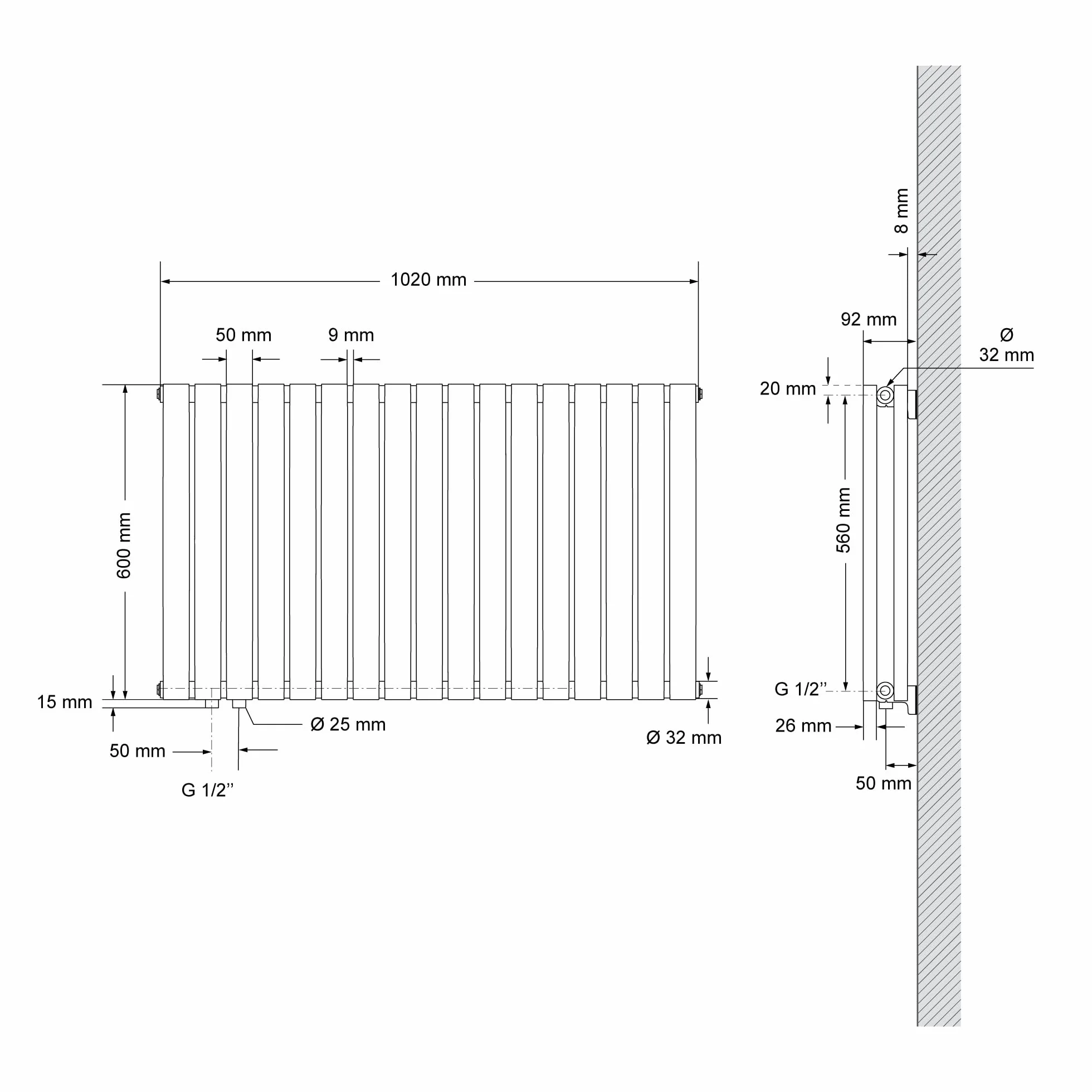 LuxeBath Grzejnik Panelowy Podwójny 600x1020mm Czarny Matowy Poziomy Grzejnik Owalne Rury Grzejnik Łazienkowy Wejście Boczne Salon/Łazienka Ogrzewanie Projekt Grzejnik Rury Grzejnik
