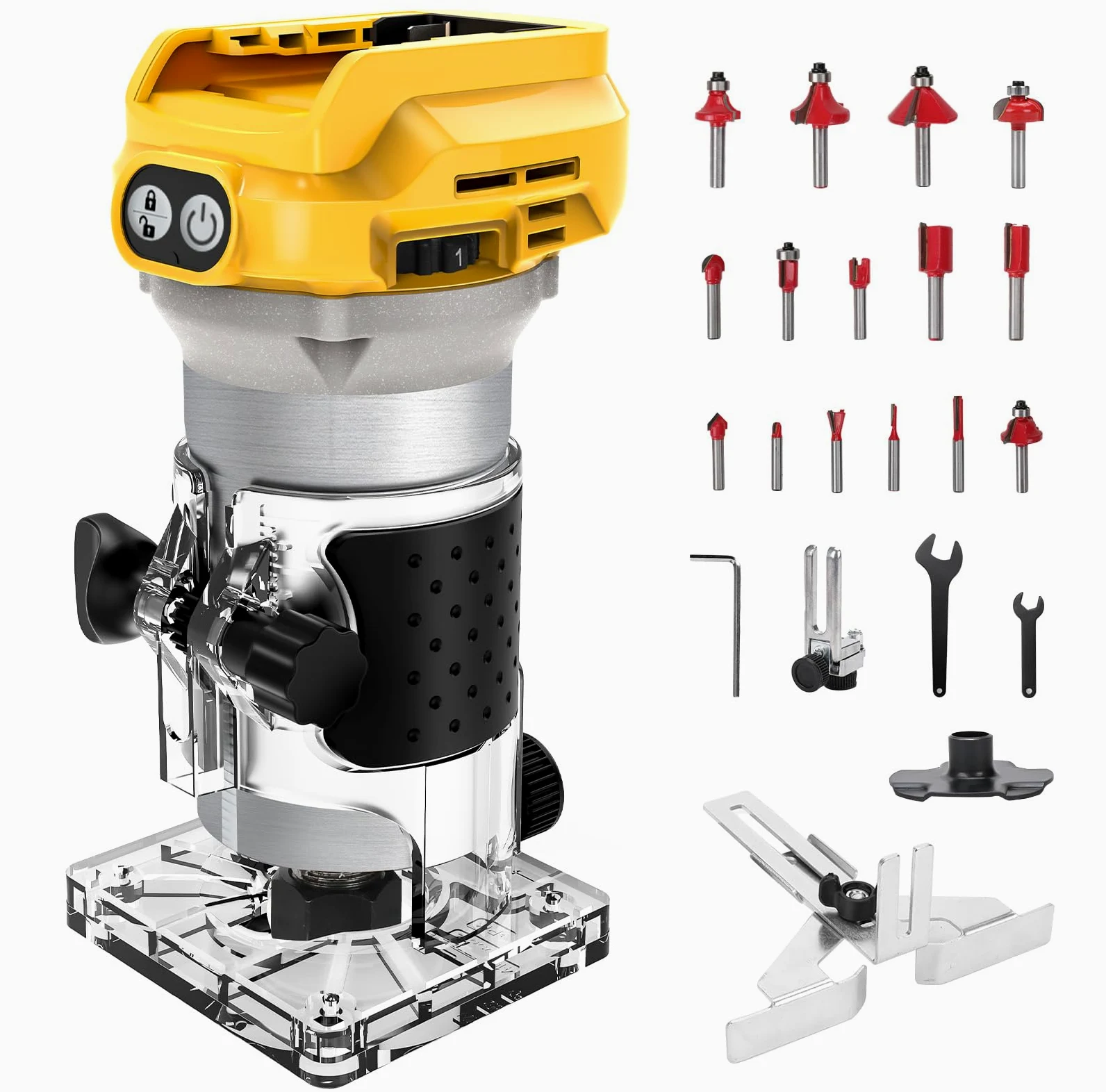 WingFly Akumulatorowa frezarka krawędziowa do akumulatorów Dewalt 18 V, 20 V, bezszczotkowa, przenośna frezarka ręczna do obróbki drewna, akumulatorowy trymer do drewna z 15 elementami