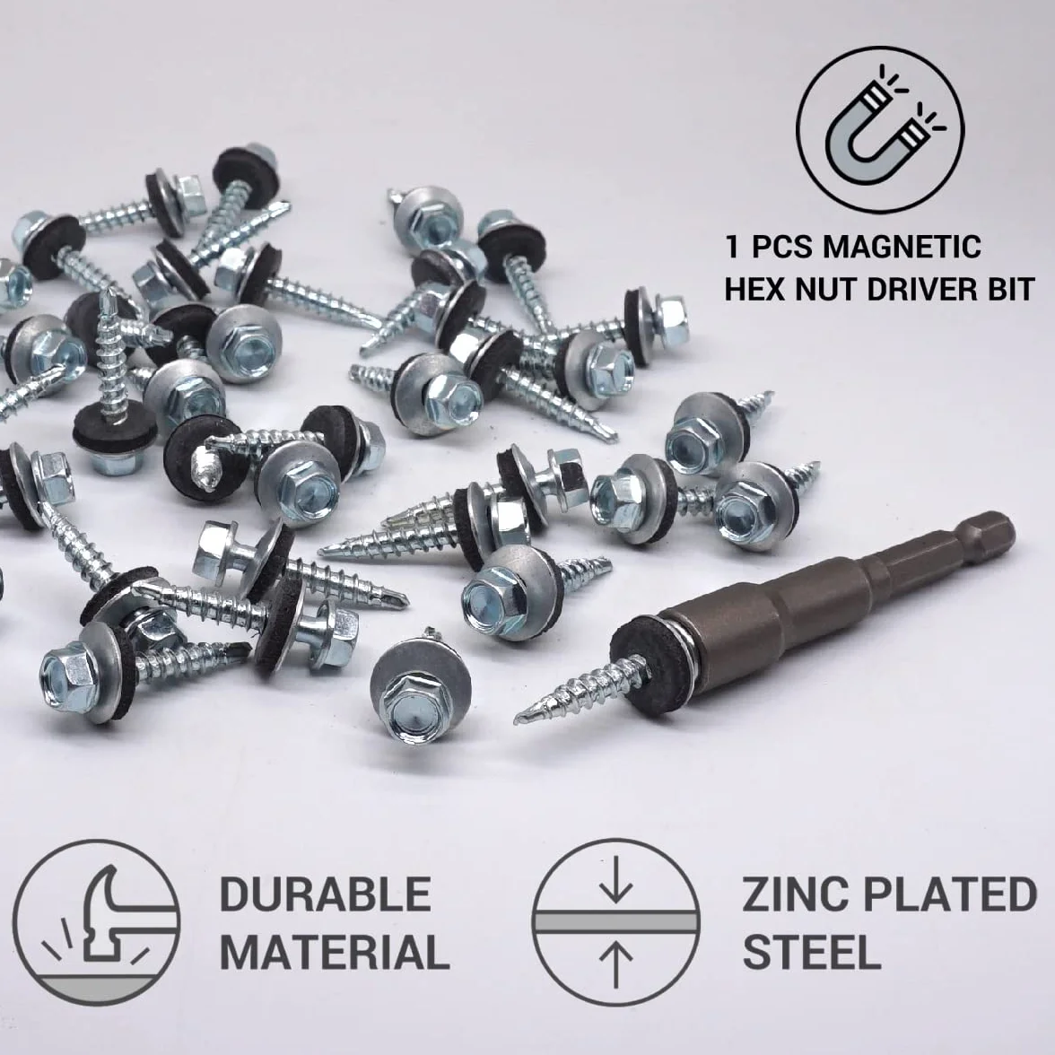 (500 sztuk) DIN 7504-K stal cynkowana 4,8 x 28 mm śruby samowiercające z podkładkami EPDM, głowica podkładki sześciokątnej, śruba z blachy, samogwintująca (500, 4,8 x 28 mm)