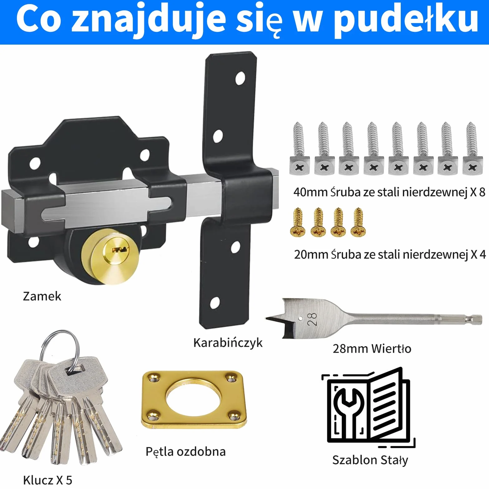 Długi zamek do bramy rzutowej, 50 mm, podwójny zamek, stal nierdzewna, zamek do bramy drewnianej, 5 kluczy